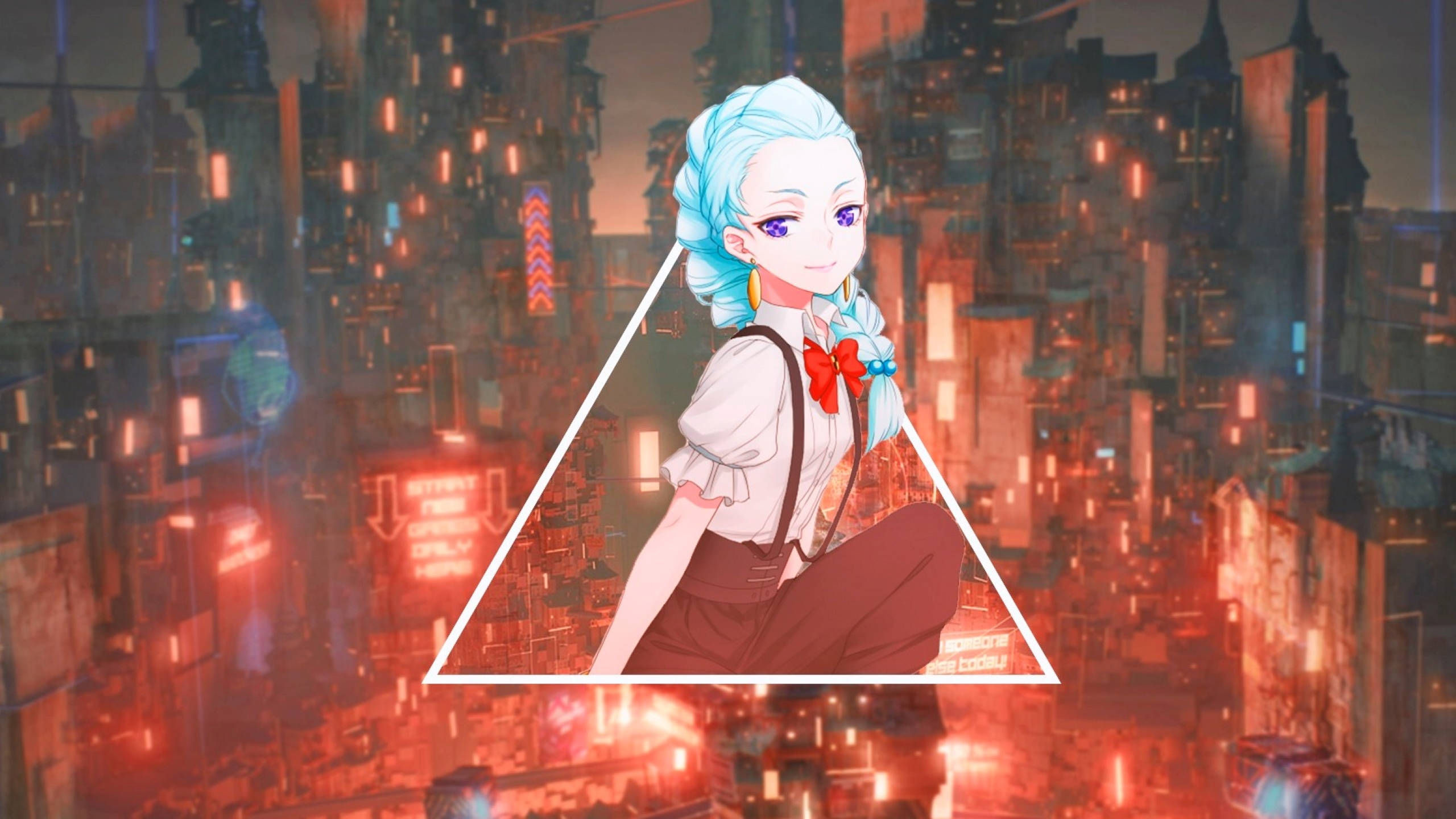 《死亡酒館》角色諾娜 壁紙 — 一位藍髮動漫女孩，身穿白色襯衫和紅色蝴蝶結，在霓虹燈浸染的賽博龐克城市景觀中，平靜地坐在一個發光的三角形內。