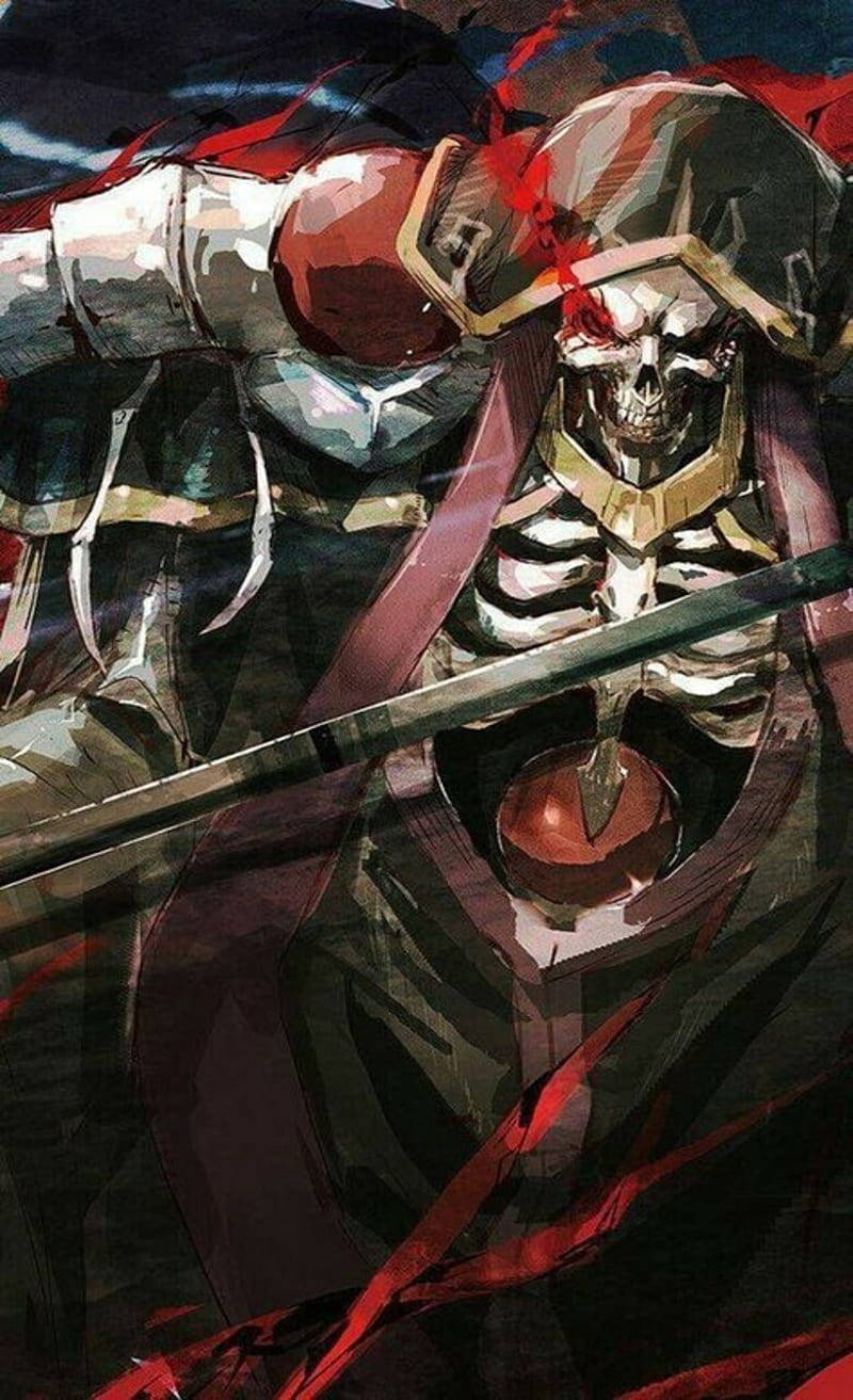 死亡騎士阿尼茲·歐亞爾·高恩 壁紙 — 一個身穿華麗盔甲的骷髏戰士，在黑暗暴風雨的背景下揮舞著帶有深紅色能量條紋的劍。