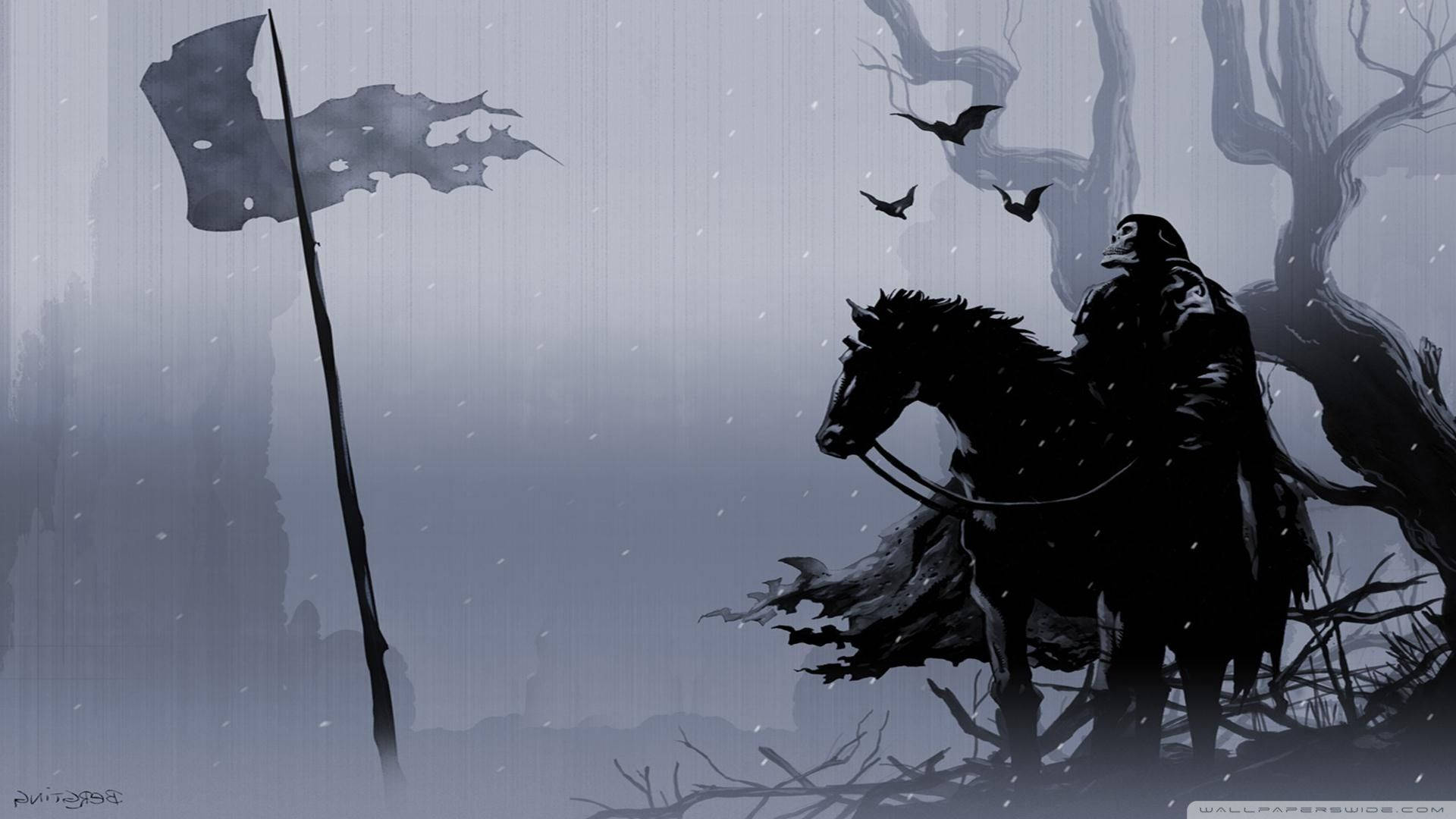騎士騎馬靠近雪森林中的破碎旗幟，蝙蝠飛翔。