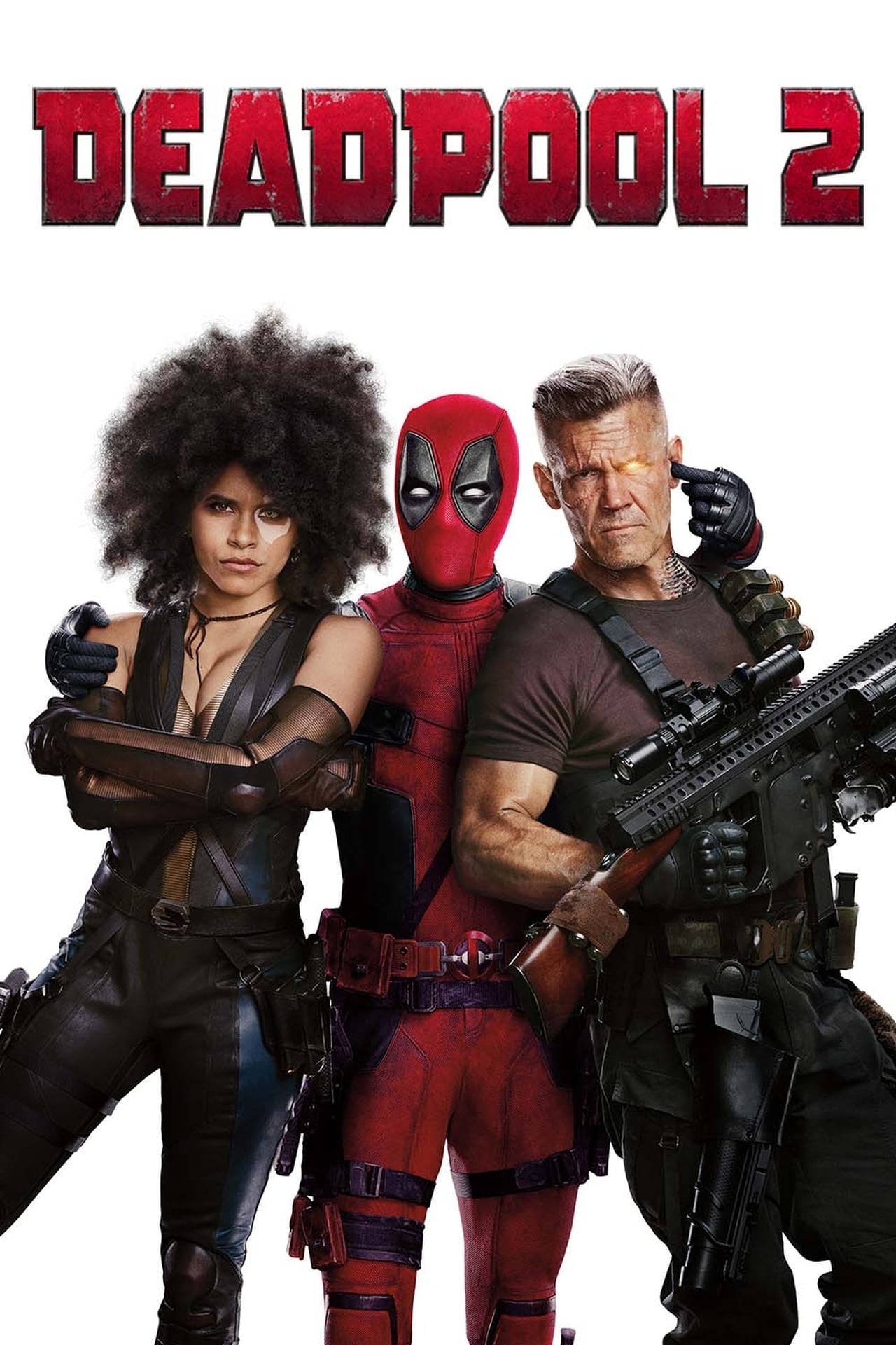 三位身穿戰術裝備的漫畫角色為 Deadpool 2 電影海報手持武器擺姿勢。