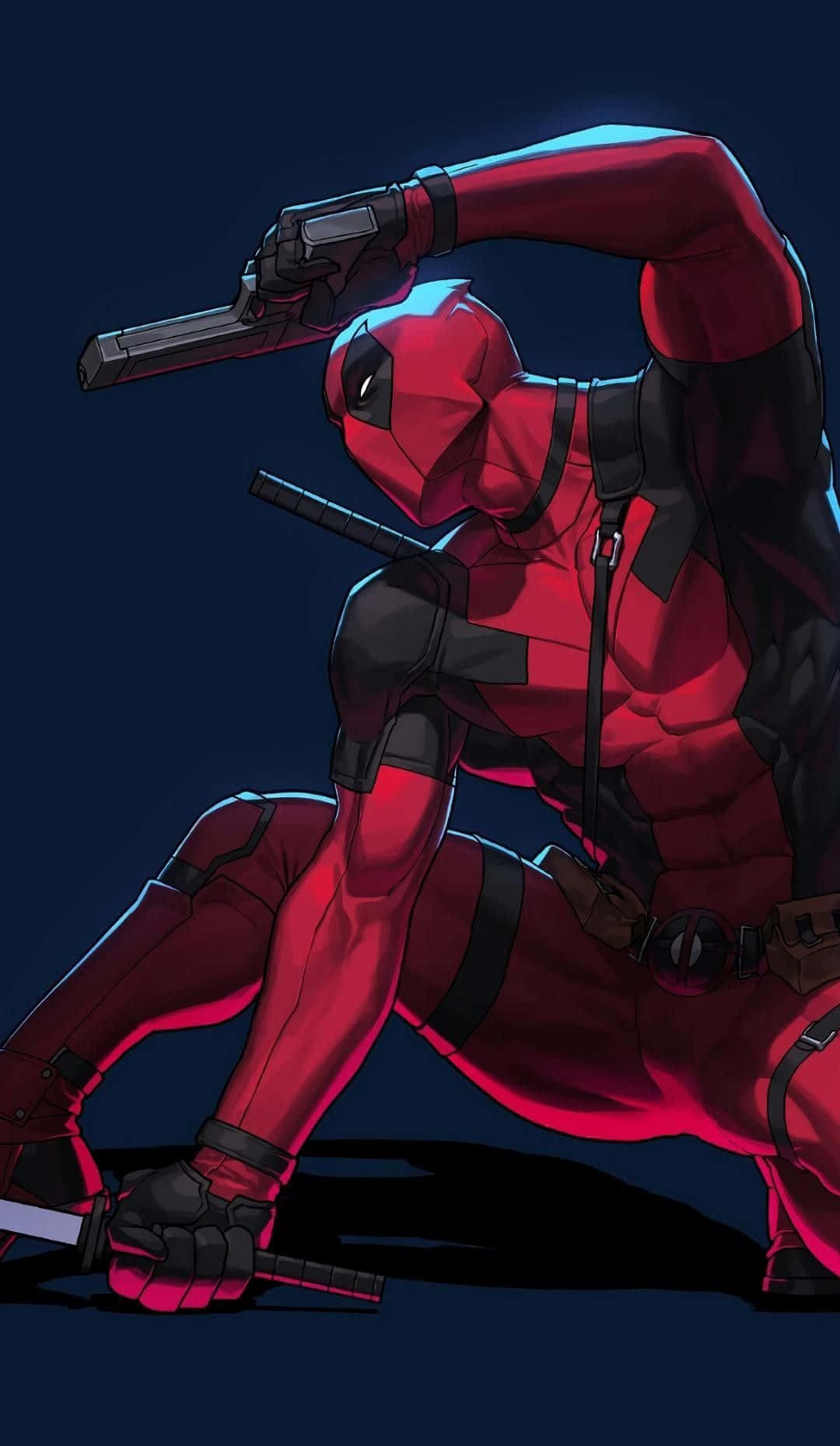 Deadpool Art 桌布 壁紙 — 死侍以動態姿勢蹲下，手持槍和劍，背景為深藍色。
