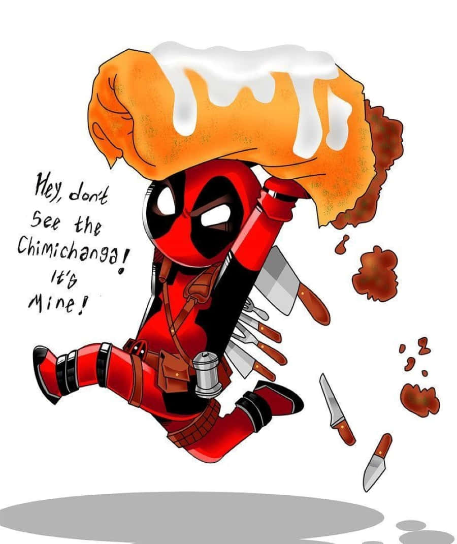 Chimichangas 桌布 壁紙 — 死侍卡通角色愉快地拿著一個巨大的 chimichanga，白色醬汁滴落，刀在他周圍飛舞。