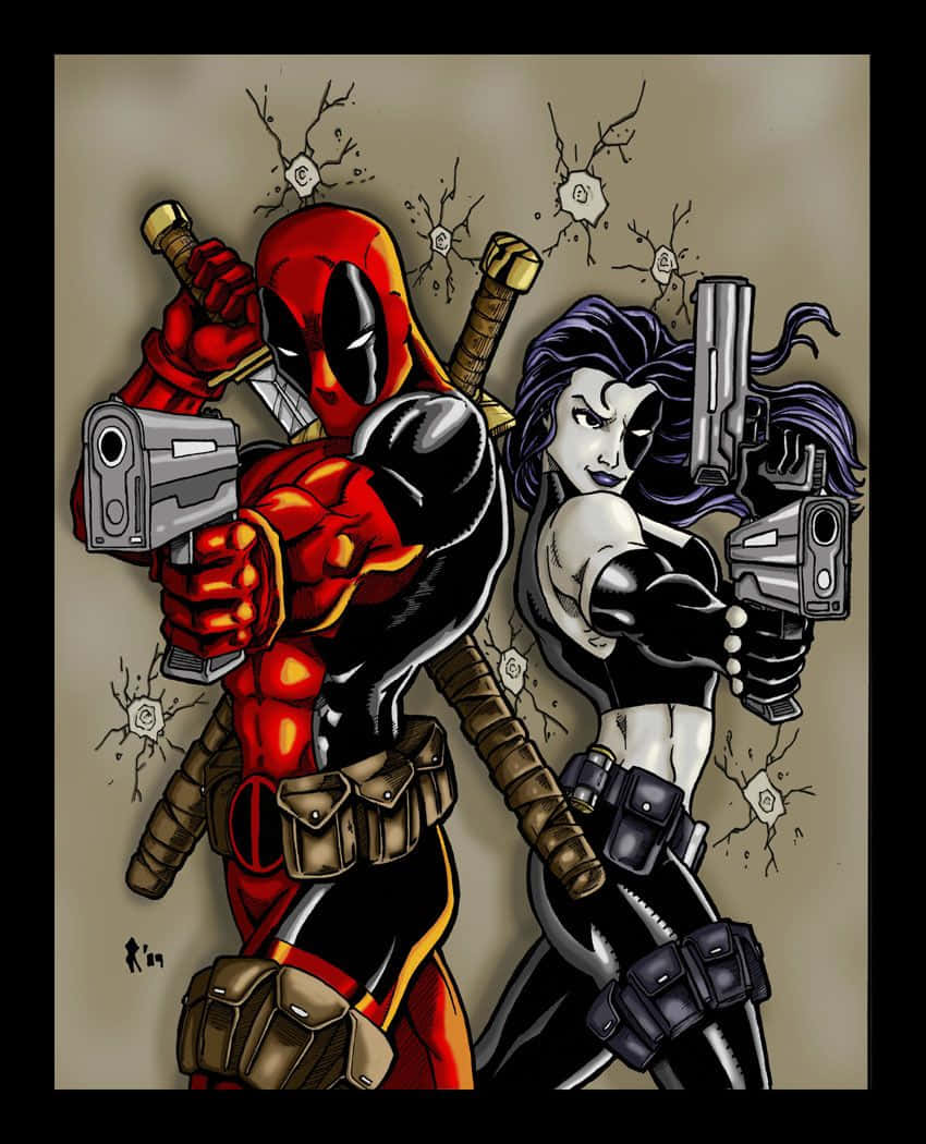 Deadpool And Domino 桌布 壁紙 — 死侍和死亡女以粗獷的漫畫風格站立，拔槍對著破裂的牆壁背景。