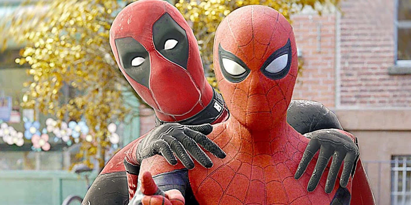 Deadpool And Spiderman 桌布 壁紙 — 死侍和蜘蛛俠身穿紅色戰衣，在模糊的城市背景和金色樹葉中溫馨擁抱。