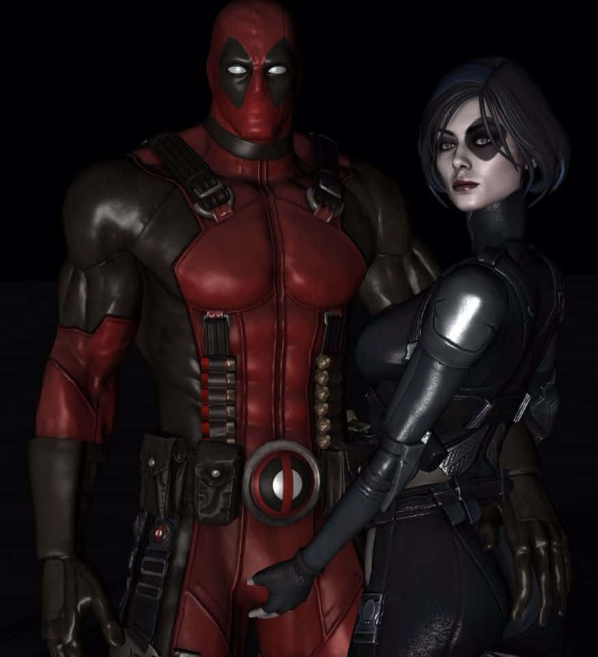 Deadpool And Domino 桌布 壁紙 — 死侍和黑寡婦站在一個黑暗的攝影棚中，他們精緻的服裝在聚焦的燈光下閃閃發光。