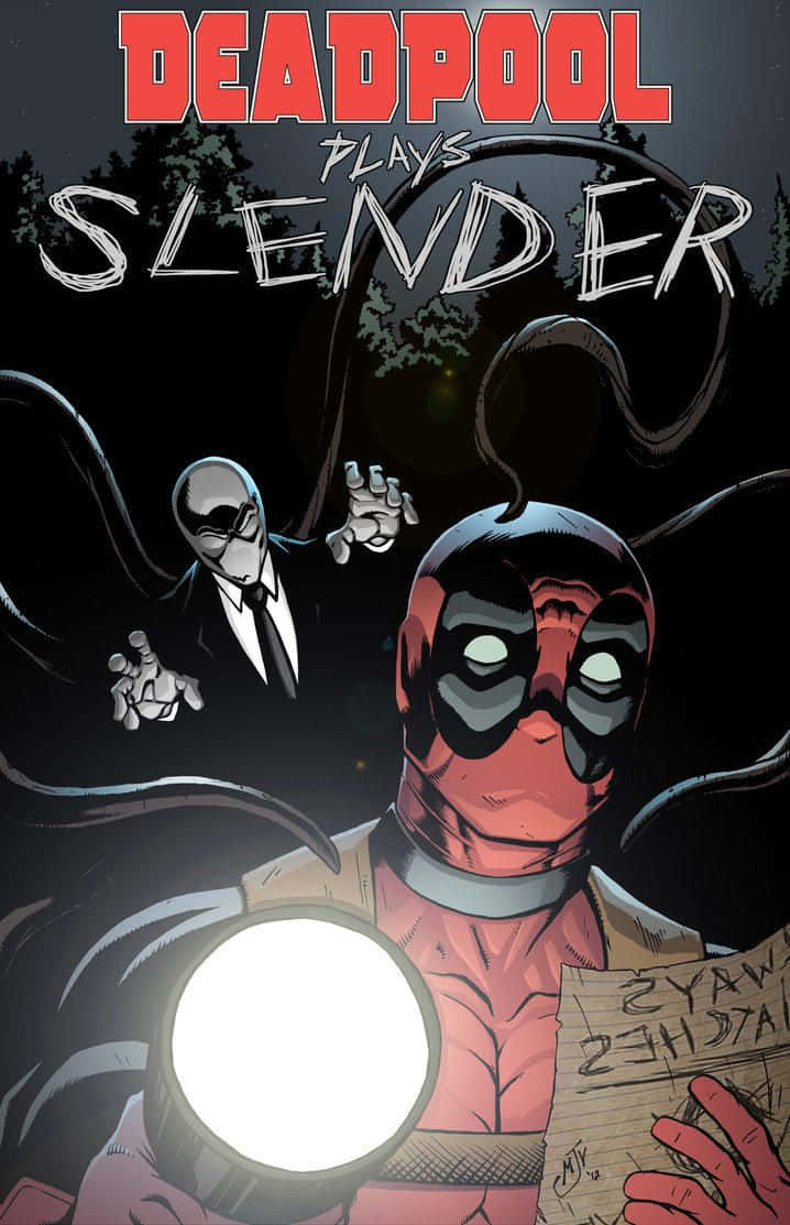 Deadpool Cartoon 桌布 壁紙 — 死侍在夜晚的黑暗森林中手持電筒和一張紙條，面對一個威脅性的瘦長人。