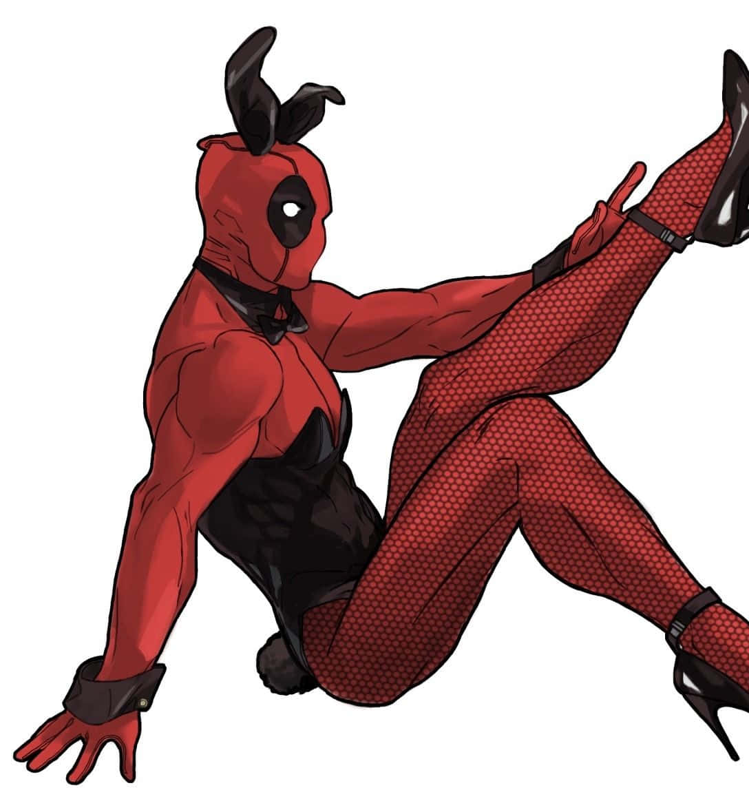 Deadpool Art 桌布 壁紙 — 死侍穿著紅黑兔仔服，腳踏高跟鞋，在白色背景前擺出俏皮姿勢。