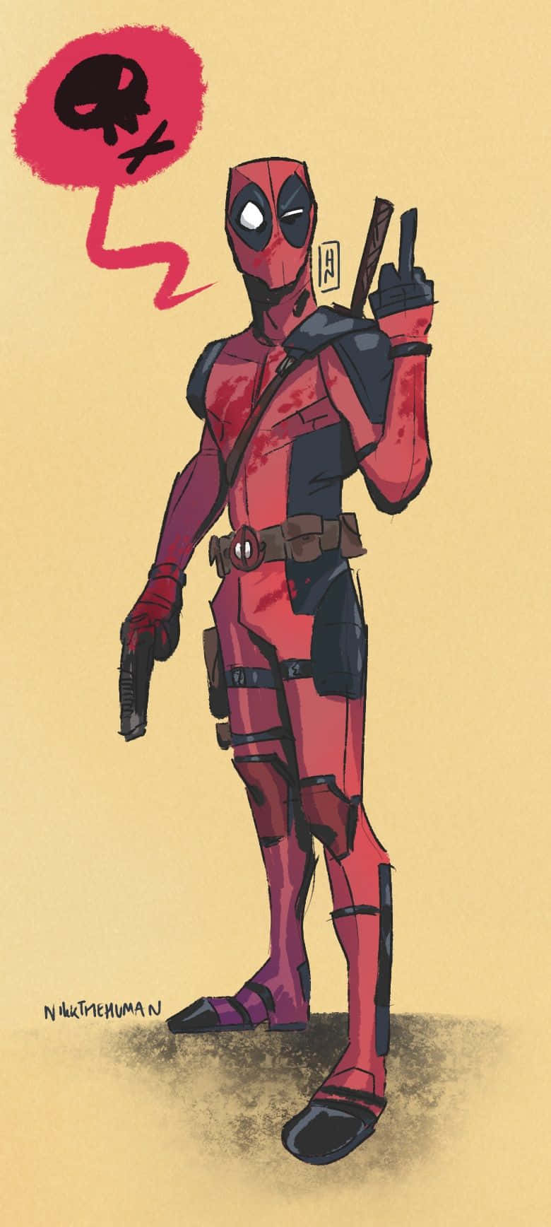 Deadpool Art 桌布 壁紙 — 死侍自信地穿著他標誌性的紅黑戰衣，手持兩把槍，頭上方有一個骷髏對話氣泡。