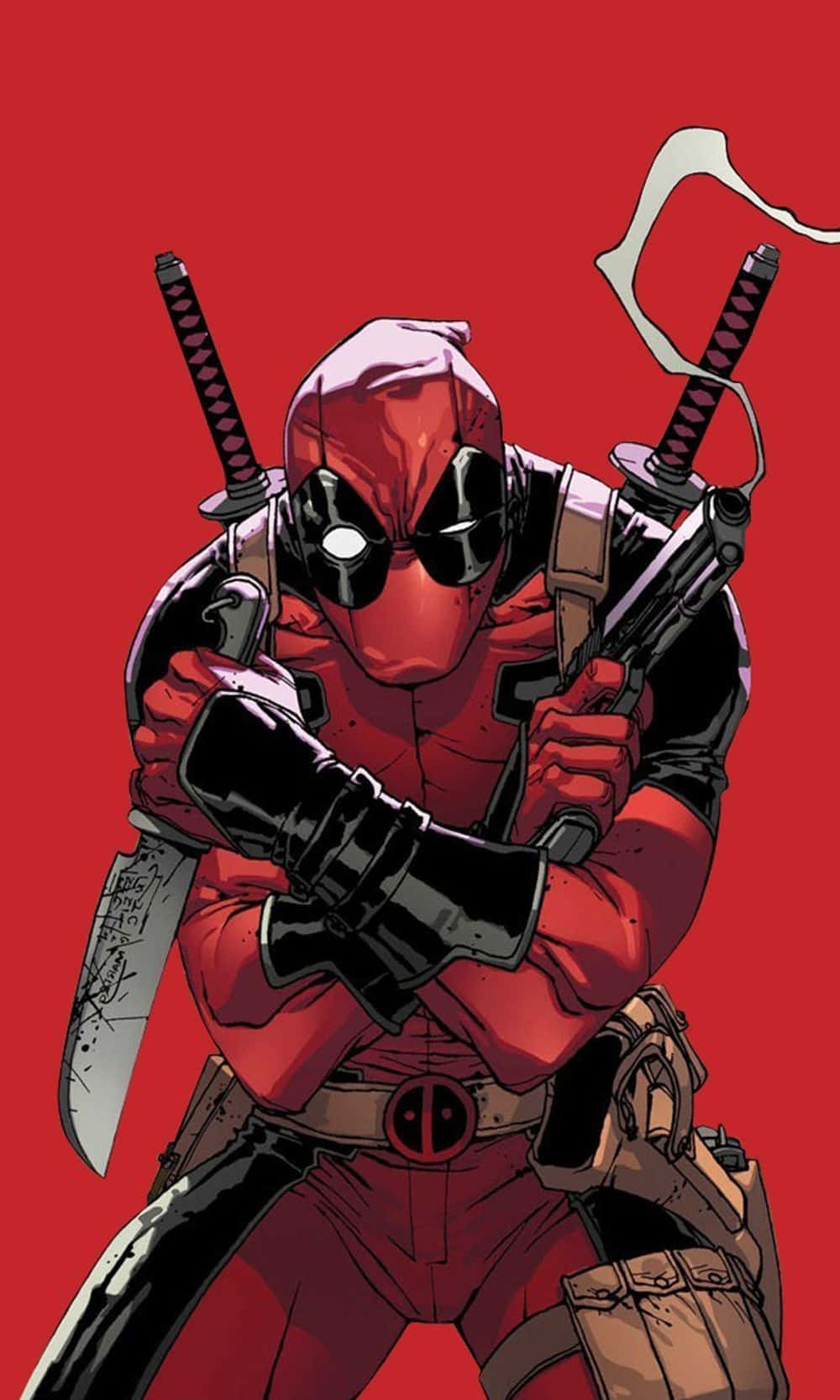 Deadpool Art 桌布 壁紙 — 死侍自信地穿著紅黑裝備，手持劍和槍，站在純紅色背景前。