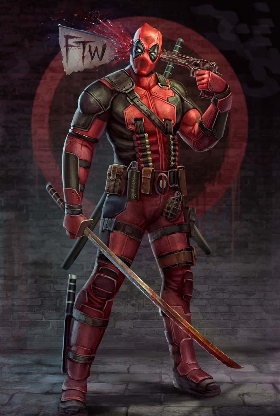 Deadpool Art 桌布 壁紙 — 死侍自信地站在一個粗糙的磚牆房間裡，手持槍和劍，身後掛著「FTW」橫幅。