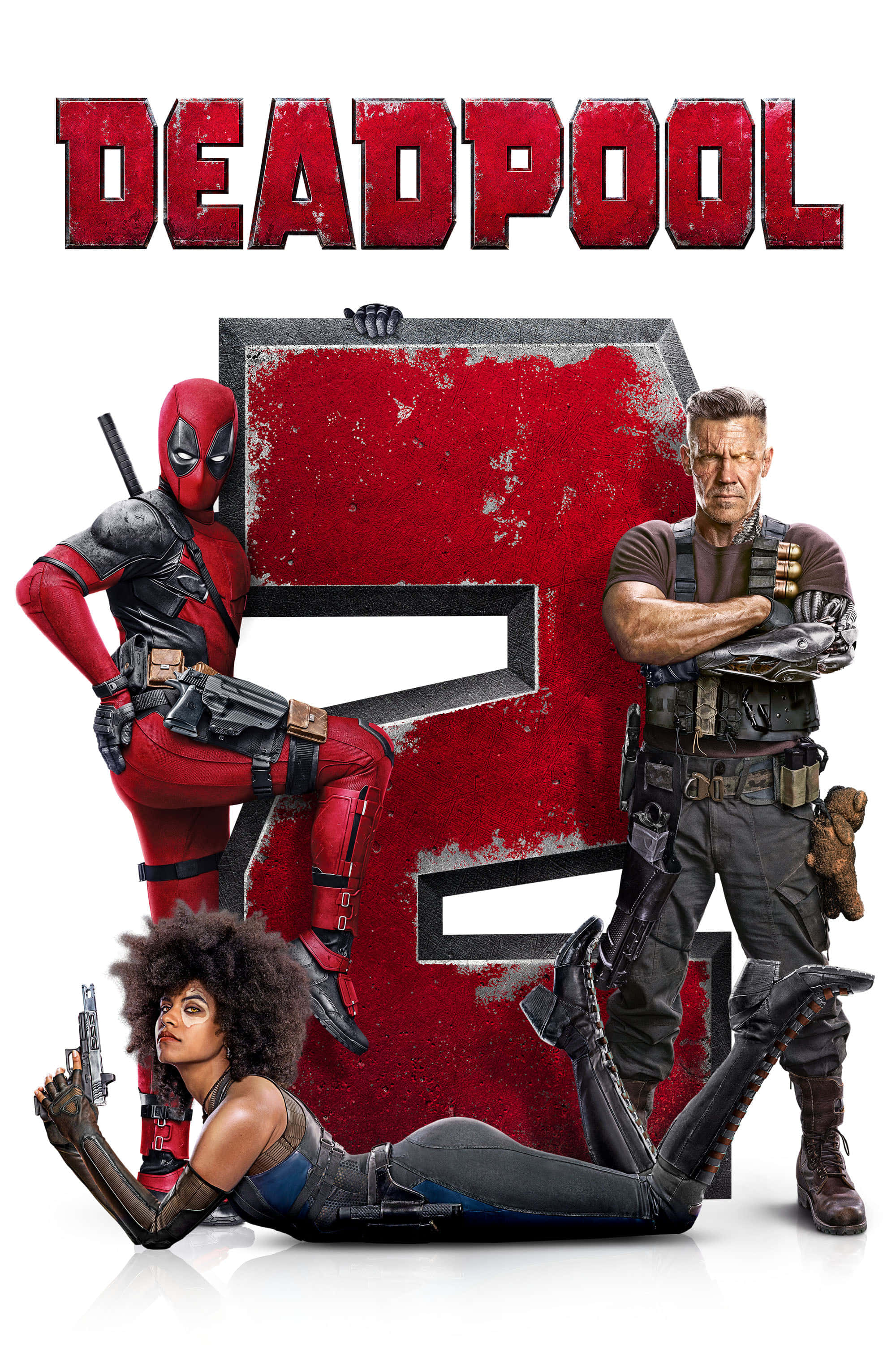 Deadpool 2 桌布 壁紙 — 死侍與兩名盟友在一個帶有粗獷塗鴉風格字體的大型紅色數字二標誌前自信地擺姿勢。