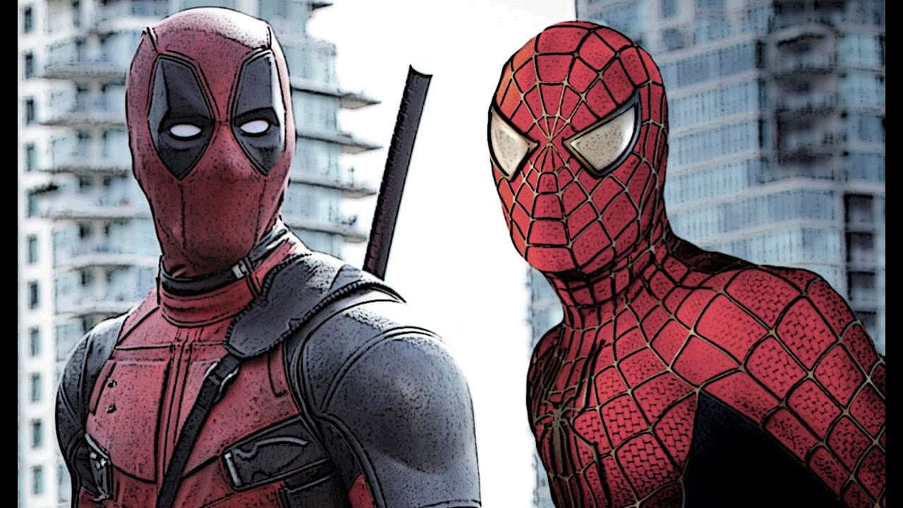 Deadpool And Spiderman 桌布 壁紙 — 死侍與蜘蛛俠並肩站在城市景觀中，他們標誌性的紅色戰衣與灰色的摩天大樓形成對比。