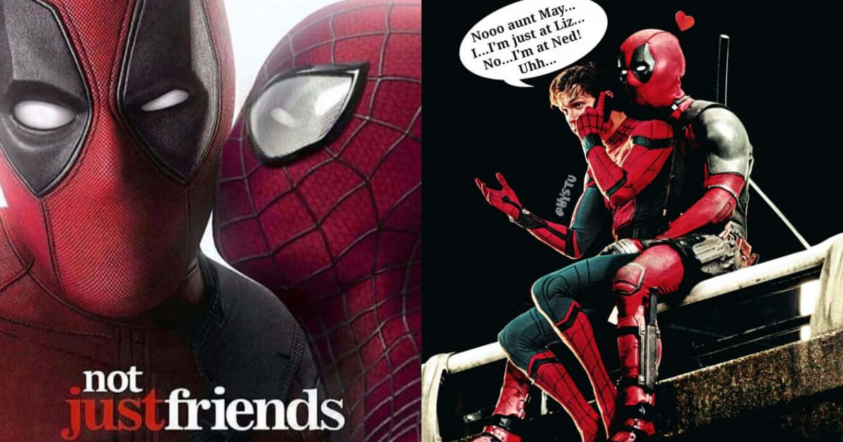 Deadpool And Spiderman 桌布 壁紙 — 死侍與蜘蛛俠在漫畫格中，死侍頑皮地親吻蜘蛛俠，同時對話氣泡顯示死侍謊稱自己在麗茲家。