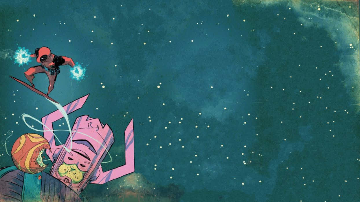 Galactus 桌布 壁紙 — 死侍跳過一個佈滿星星的藍綠色虛空，在一個破爛的粉紅色機械人上方揮舞著發光的藍色能量刀片。