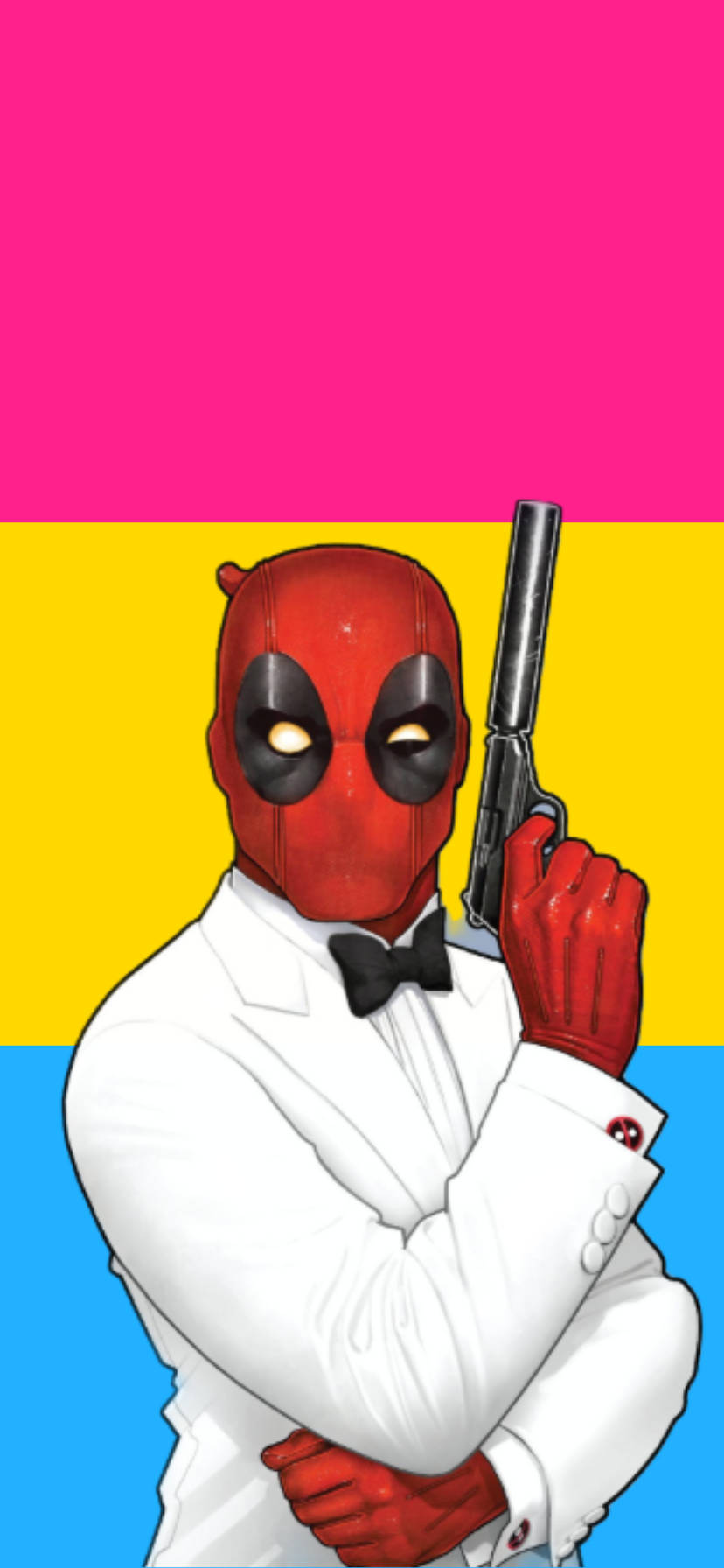 Pansexual Deadpool 壁紙 — 死侍身穿白色燕尾服，手持手槍，背景為大膽的粉紅、黃、藍條紋。