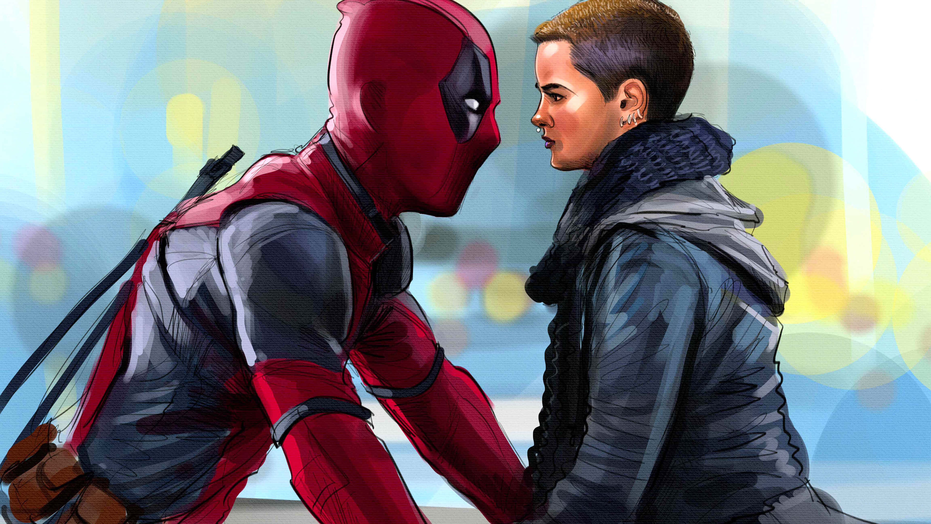 Negasonic Teenage Warhead 桌布 壁紙 — 死侍身穿紅色戰衣，與一位短髮、身穿灰色連帽衛衣的女子在色彩繽紛的模糊背景前牽手。