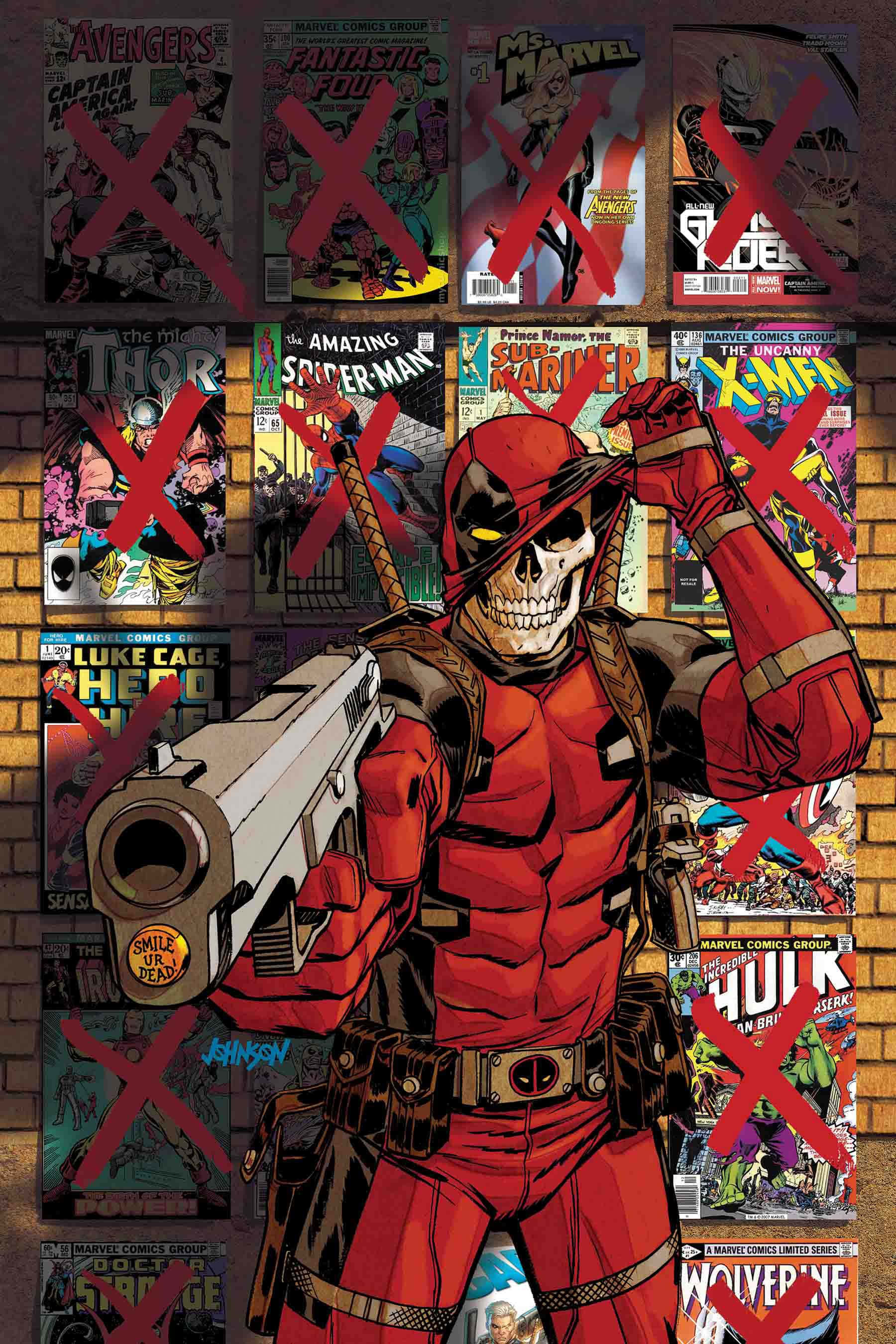 Deadpool Art 桌布 壁紙 — 死侍身穿紅色戰衣站在中央，手持槍械，身後磚牆上掛著打上交叉的漫畫封面。