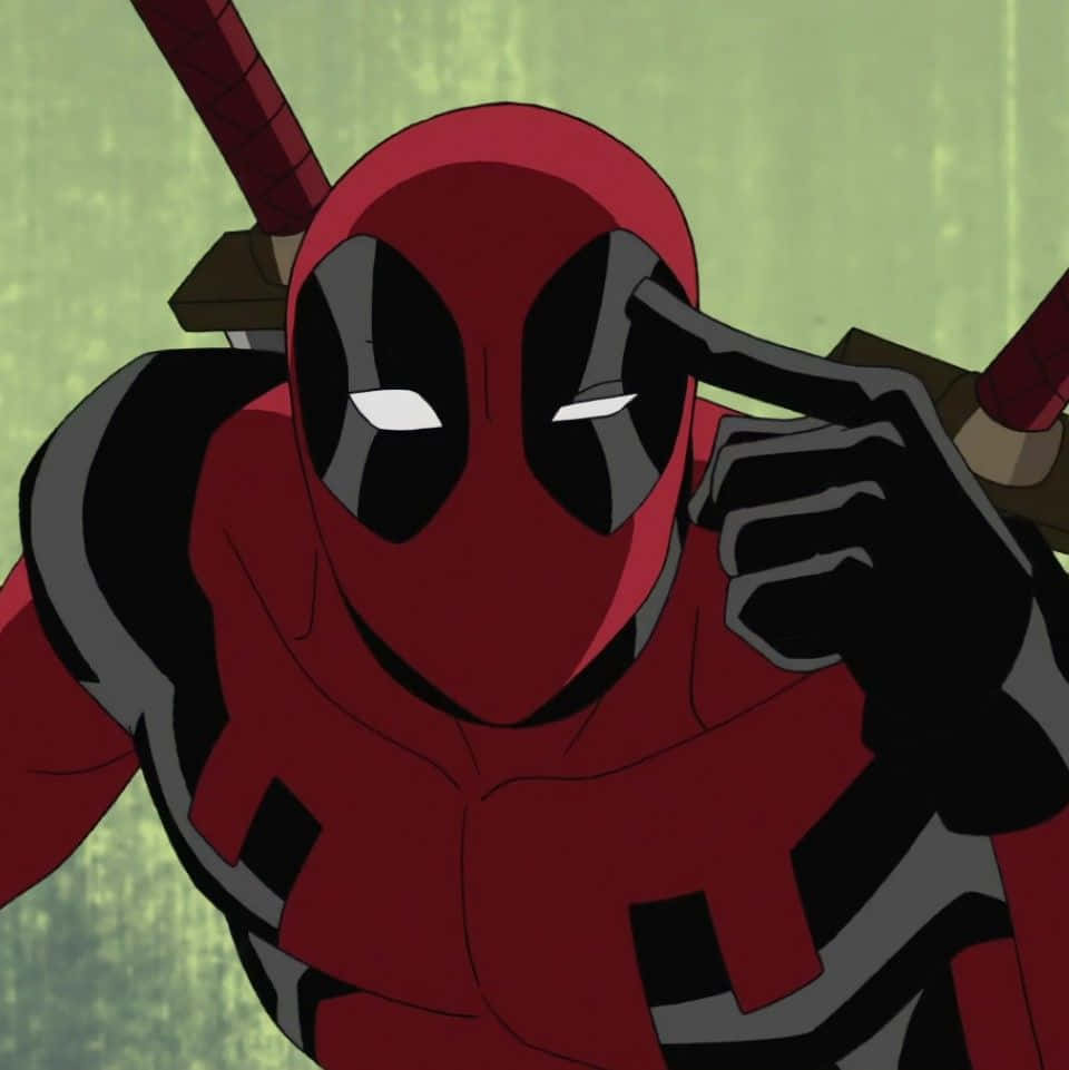 Deadpool Cartoon 桌布 壁紙 — 死侍身穿紅黑戰衣，在綠色數碼背景前指向觀眾。