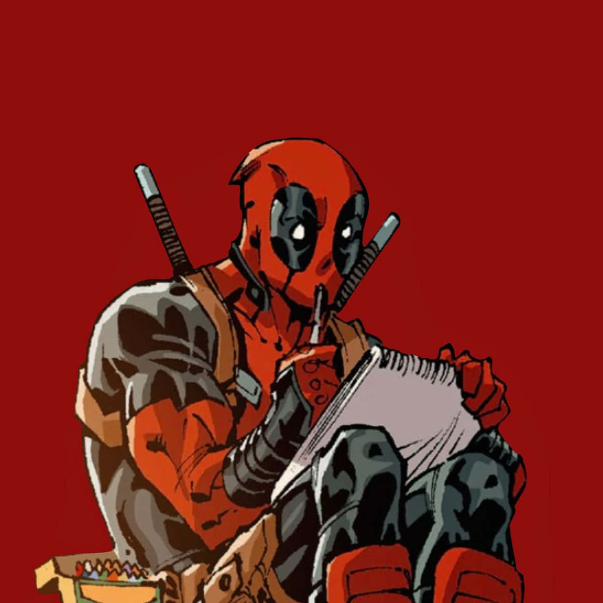 Deadpool Cartoon 桌布 壁紙 — 死侍身穿紅黑戰衣，坐在純紅色背景前，手持筆記本和筆。