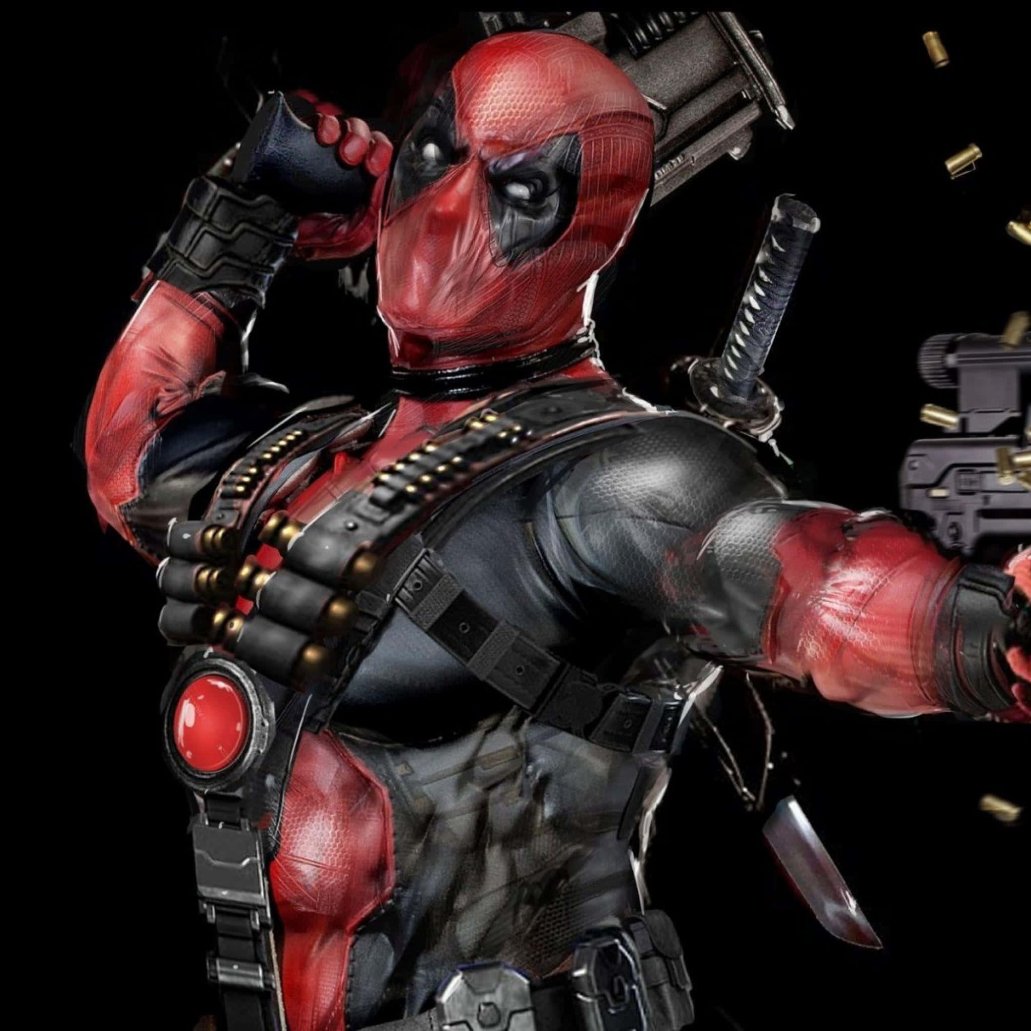 Deadpool 2 桌布 壁紙 — 死侍身穿紅黑戰衣，手持槍械，子彈飛舞，背景為黑色。
