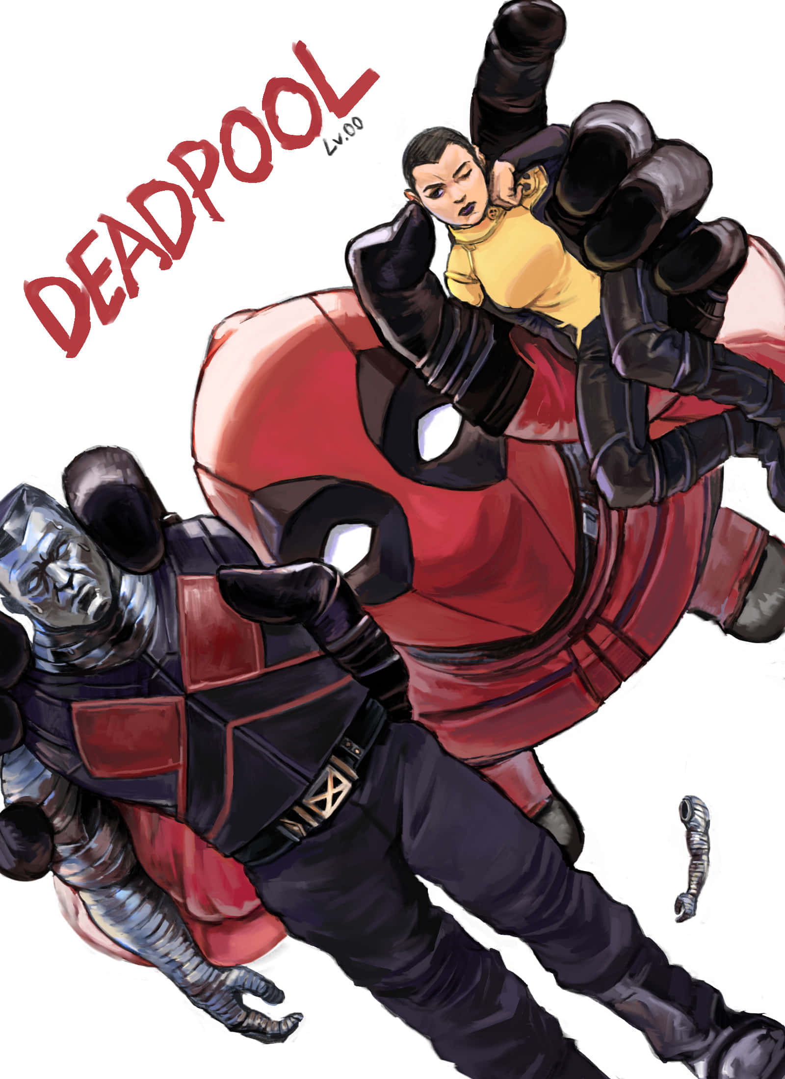 Negasonic Teenage Warhead 桌布 壁紙 — 死侍身穿紅黑戰衣，抱著一位身穿黃色上衣的女子，同時與一名金屬裝甲的對手搏鬥。