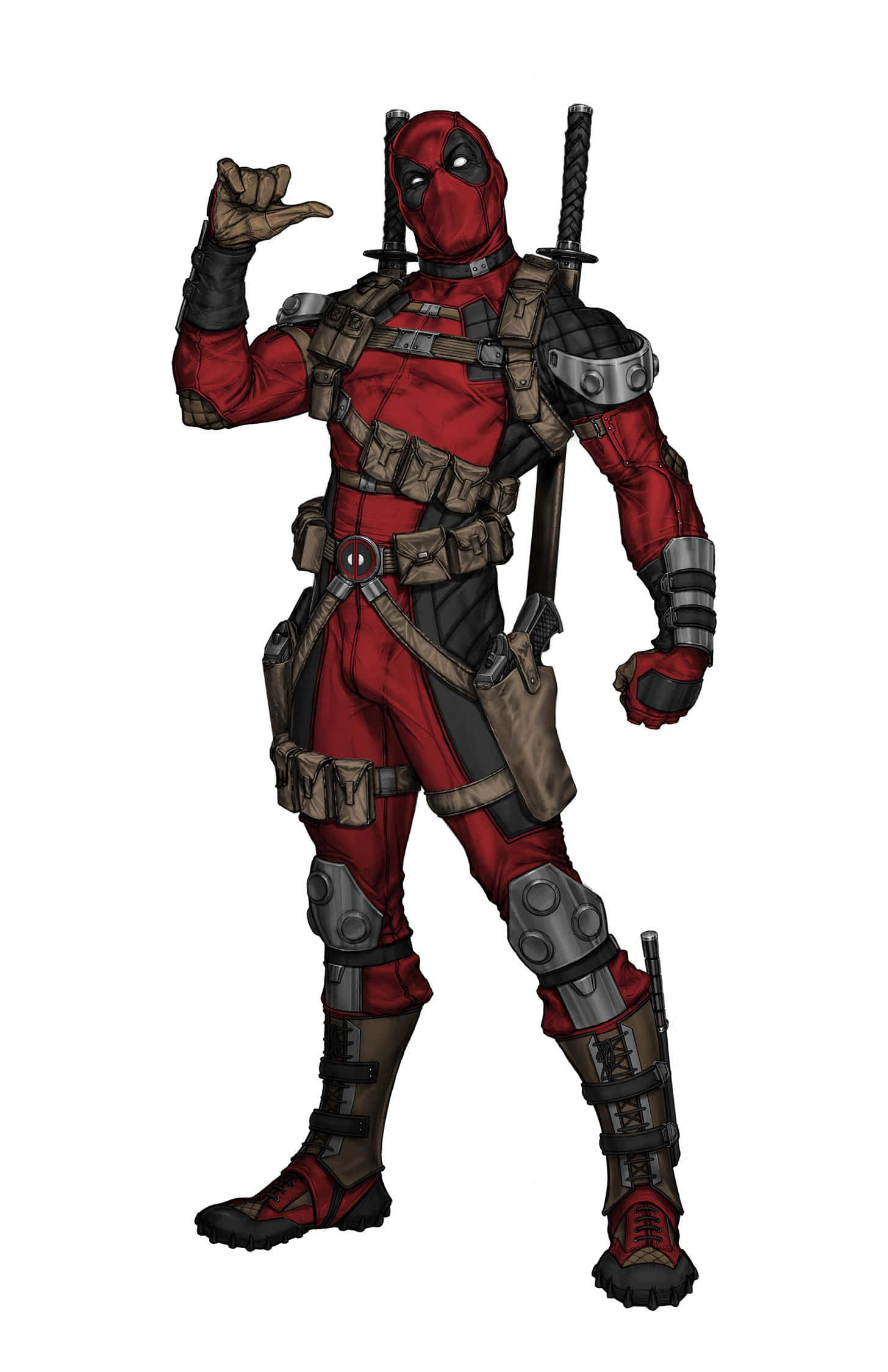Deadpool Art 桌布 壁紙 — 死侍身穿紅黑戰衣，背上揹著劍，做出手勢。