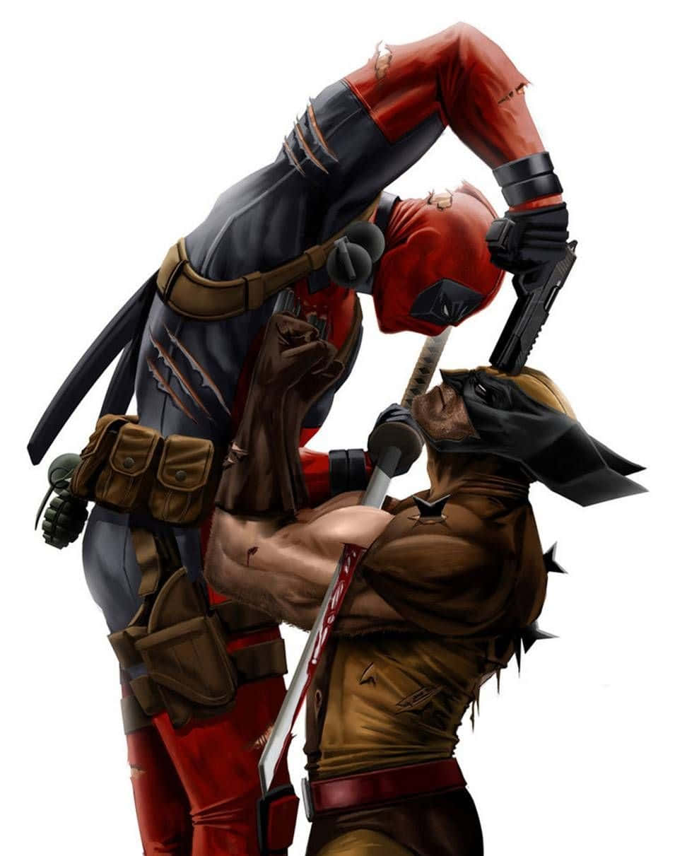 Deadpool Cartoon 桌布 壁紙 — 死侍身穿紅黑戰衣，與身穿棕色皮裝備、揮舞劍和槍的金剛狼進行動態戰鬥姿勢。
