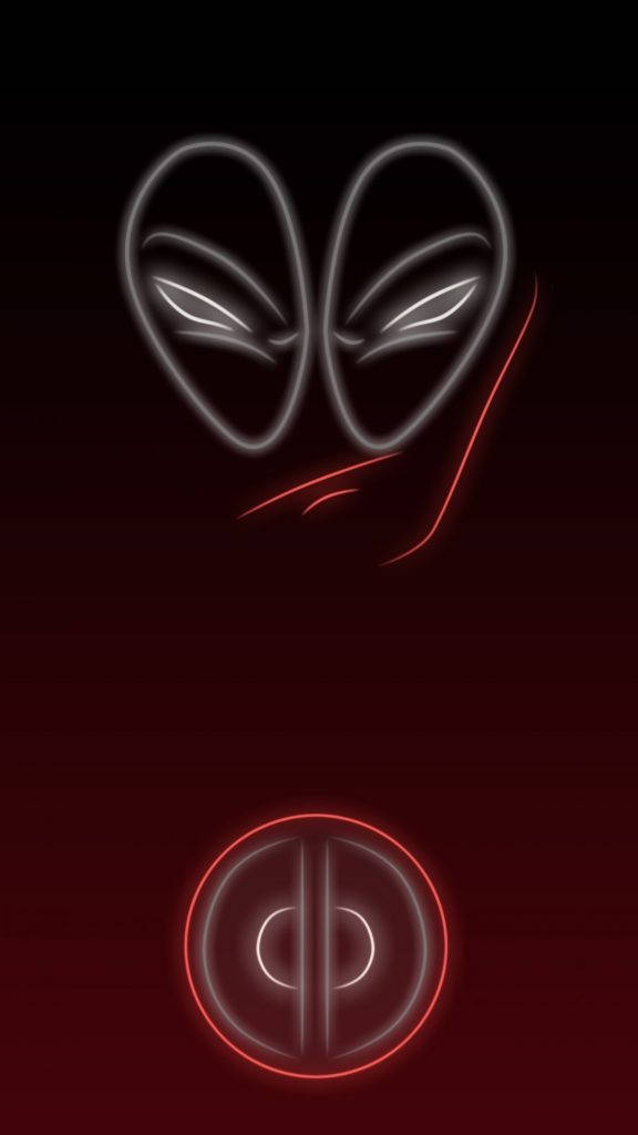 死侍霓虹 iPhone 壁紙 — 霓虹發光的死侍面具和標誌，背景為深紅色漸變。