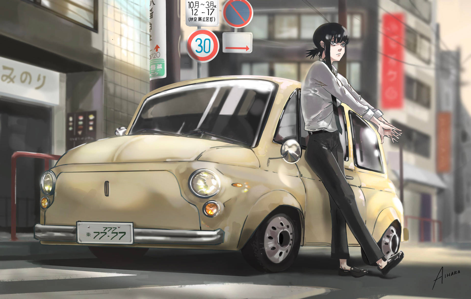 動漫女孩在日落時分的日本城市街道上倚靠在一輛復古米色汽車上。