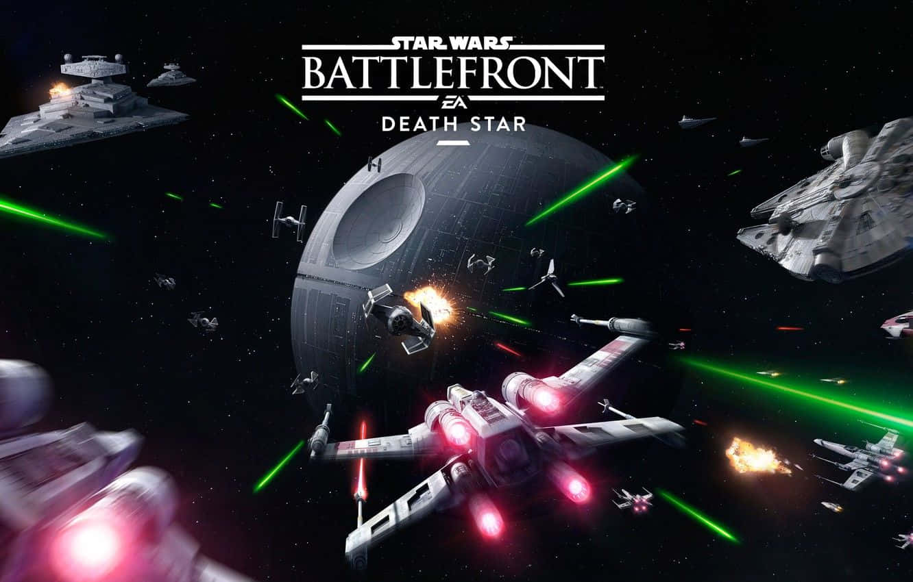 The Trench Run 桌布 壁紙 — 死星周圍的激烈太空戰鬥，X-wing 戰機發射紅色激光，TIE 戰機躲避綠色爆炸。