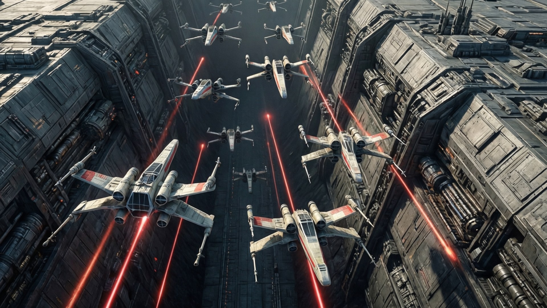 X-wing星際戰鬥機在狹窄的太空峽谷中發射紅色激光。