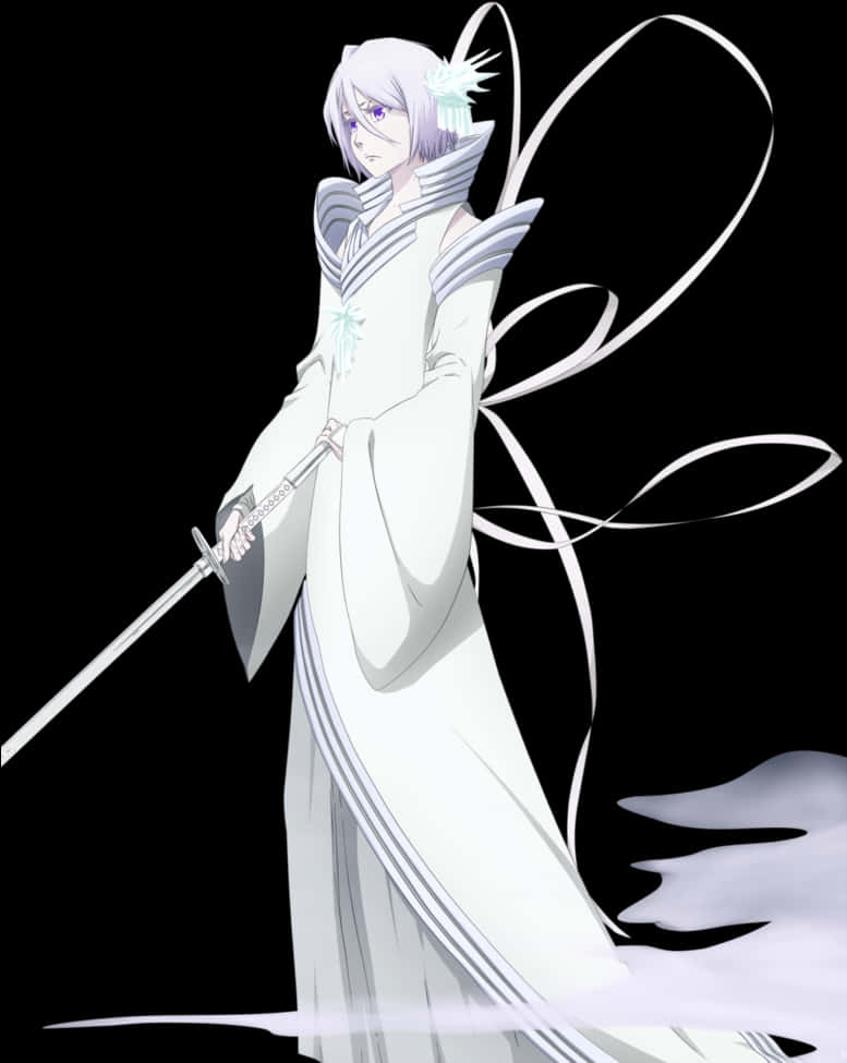《死神》角色朽木白哉 壁紙 — 銀髮紫眼動漫角色身穿白袍，手持劍，立於黑色背景前。