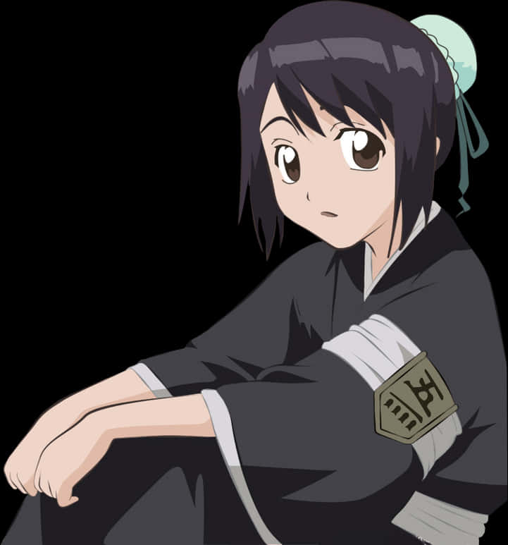 《死神》角色朽木露琪亞 壁紙 — 一位年輕的動漫女孩穿著深色制服，戴著淺藍色髮飾，在黑色背景前凝視前方。