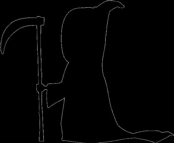 死神剪影 壁紙 — 一個鮮明的白色線條藝術剪影，描繪死神手持鐮刀，背景為純黑色。