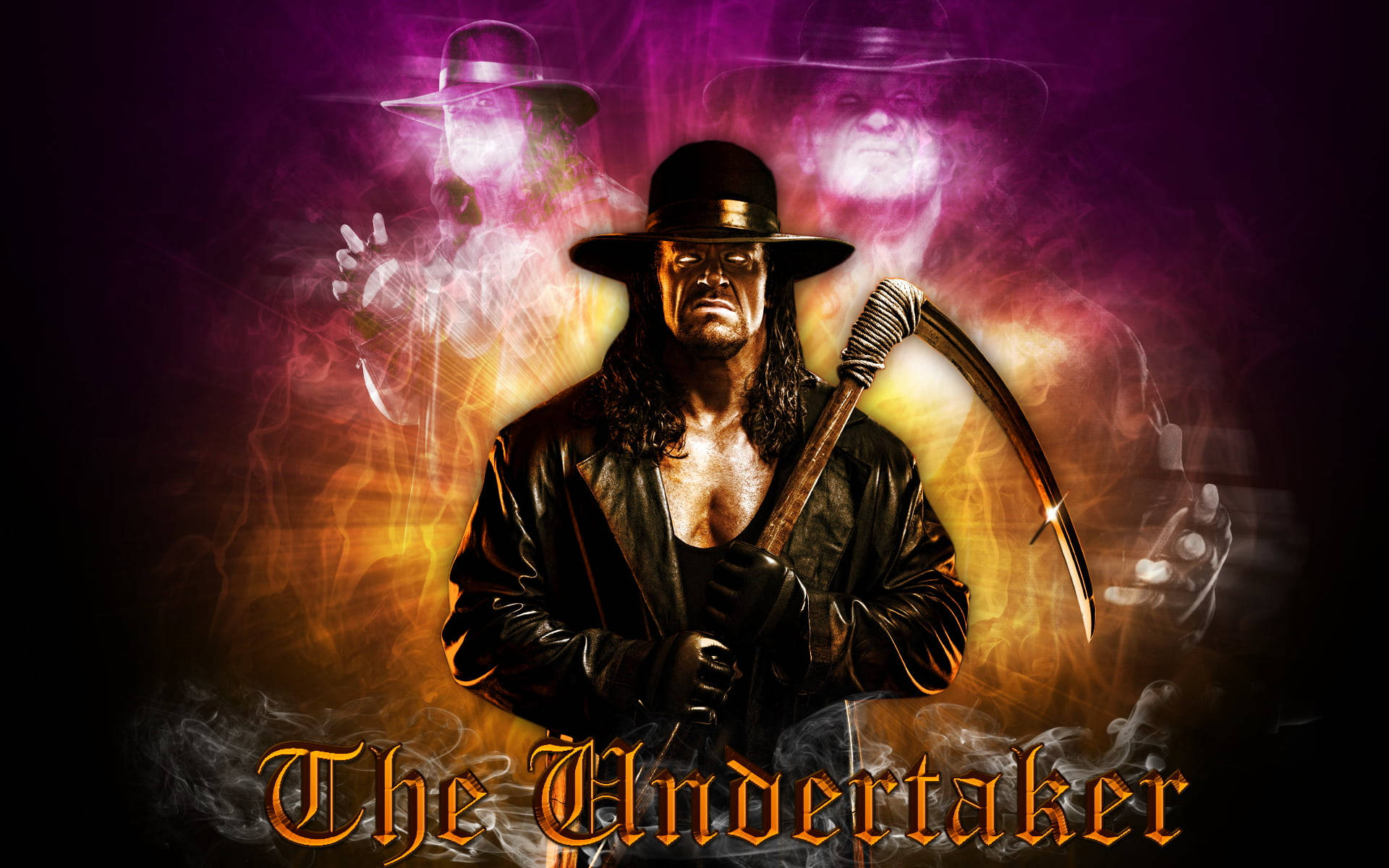 死神力量 壁紙 — The Undertaker 在紫色和金色的火熱光環中威嚴地站著，手持鐮刀，身後有鬼影。