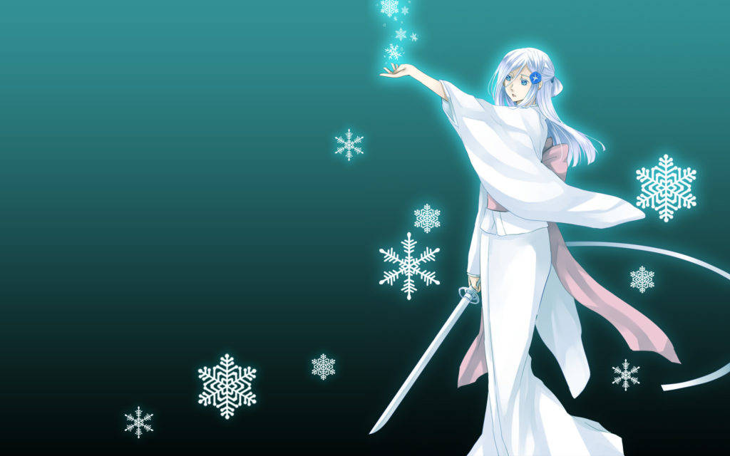 銀髮動漫女孩手持劍召喚發光的雪花。