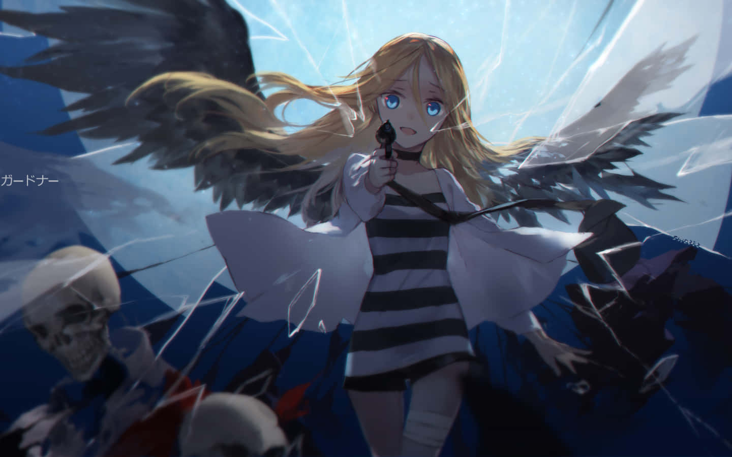 《死神天使》——一場加劇的生存恐怖冒險 壁紙 — 一個金髮黑翼的動漫女孩在破碎玻璃後拿著槍，背景有骷髏頭。