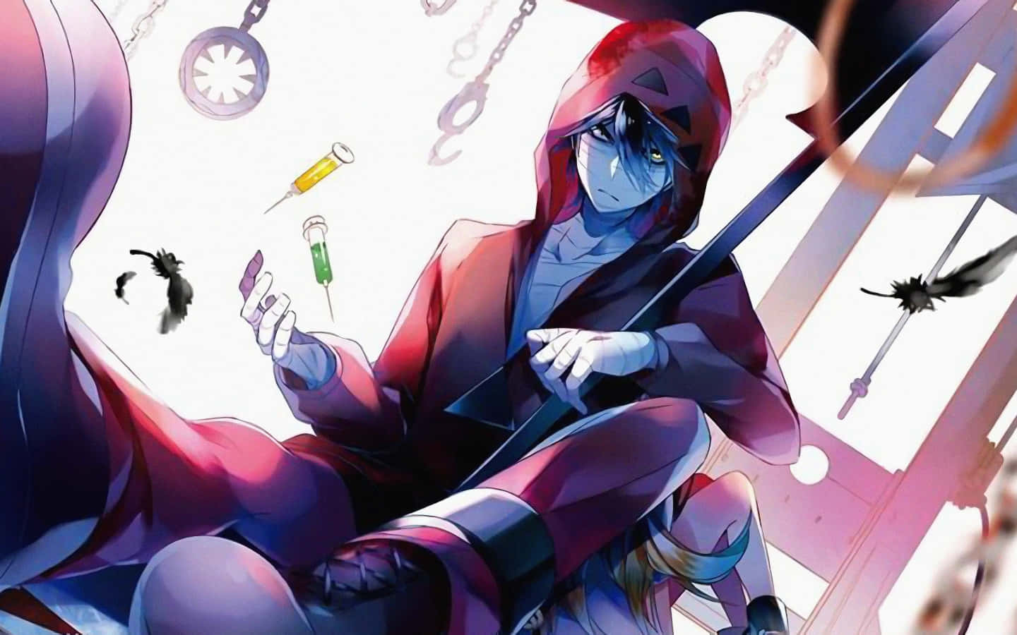 「死神天使」在這張詭異背景圖中等待著你 壁紙 — 一個戴著連帽衫的藍皮膚動漫角色，在混亂的漂浮鏈條和工具背景下手持注射器和武器。
