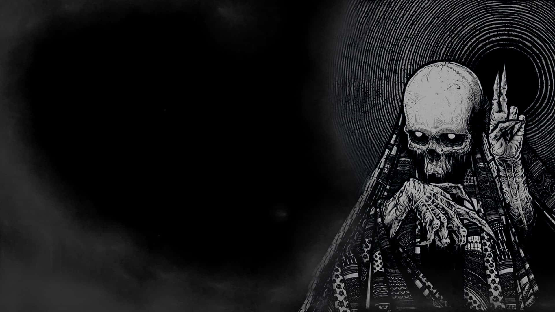 死神宇宙背景 壁紙 — 一個穿著華麗長袍、骷髏臉的人物在旋轉的黑暗背景下做出手勢，令人難忘的黑白插圖。