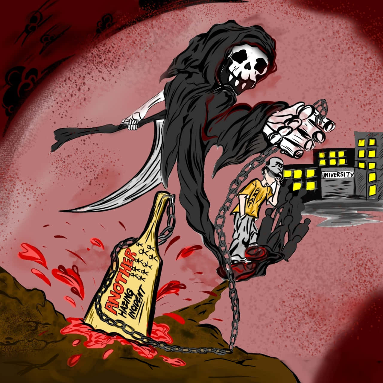 插畫 桌布 壁紙 — 死神拖住一個被鎖鏈鎖住的學生向大學建築物行去，同時一個巨型啤酒瓶標有「另一宗事件」正在流血。