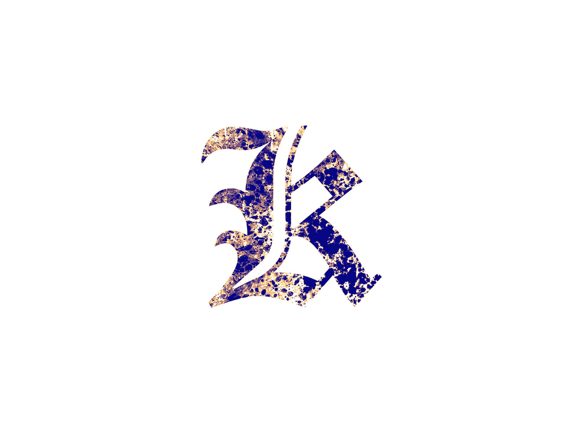 風格化的藍色和金色字母K，帶斑點紋理。