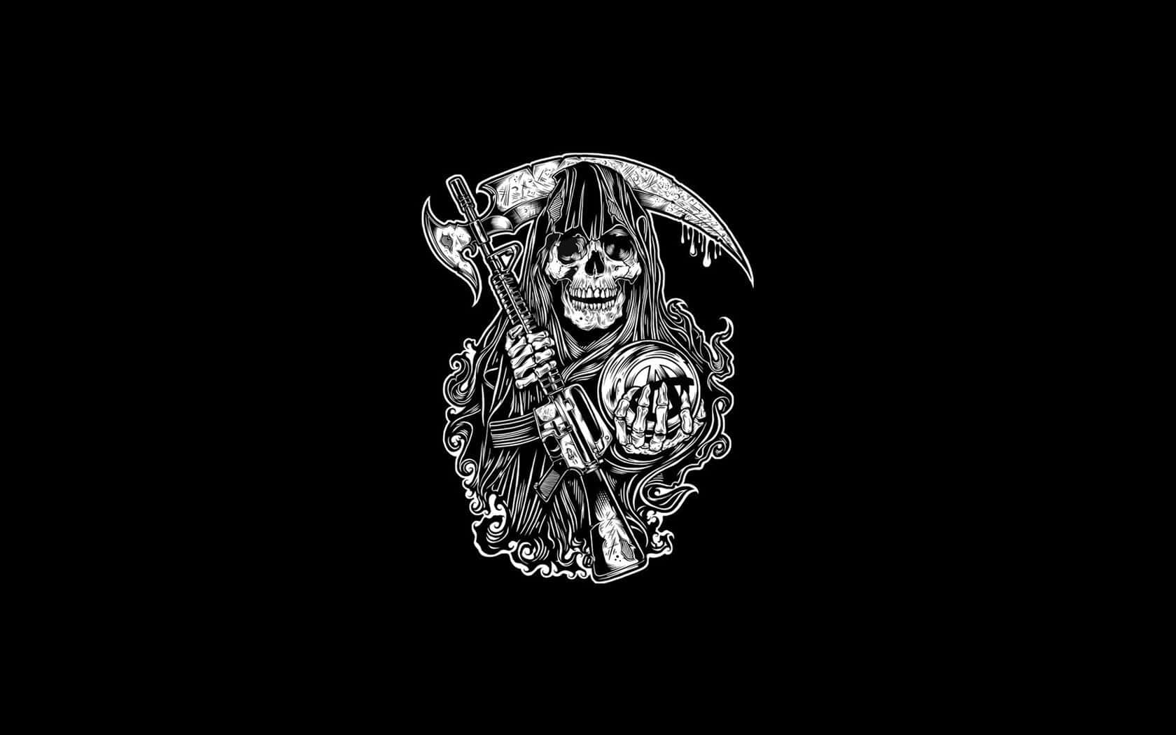 死神的凝視 壁紙 — 一幅鮮明的黑白插圖，描繪死神手持步槍和鐮刀，背景為純黑色。