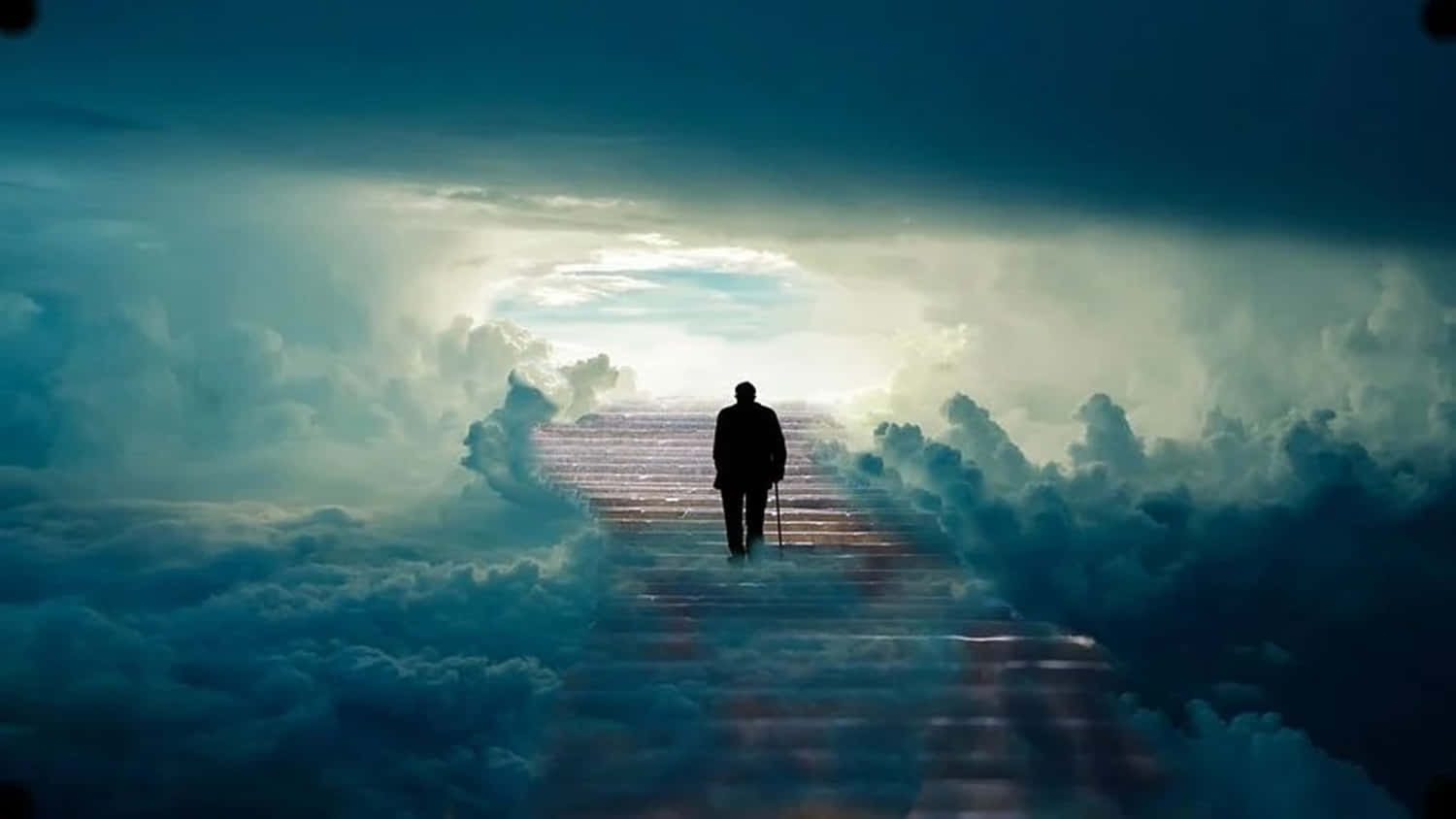 一個人走上發光的樓梯，穿過雲層，走向明亮的光。
