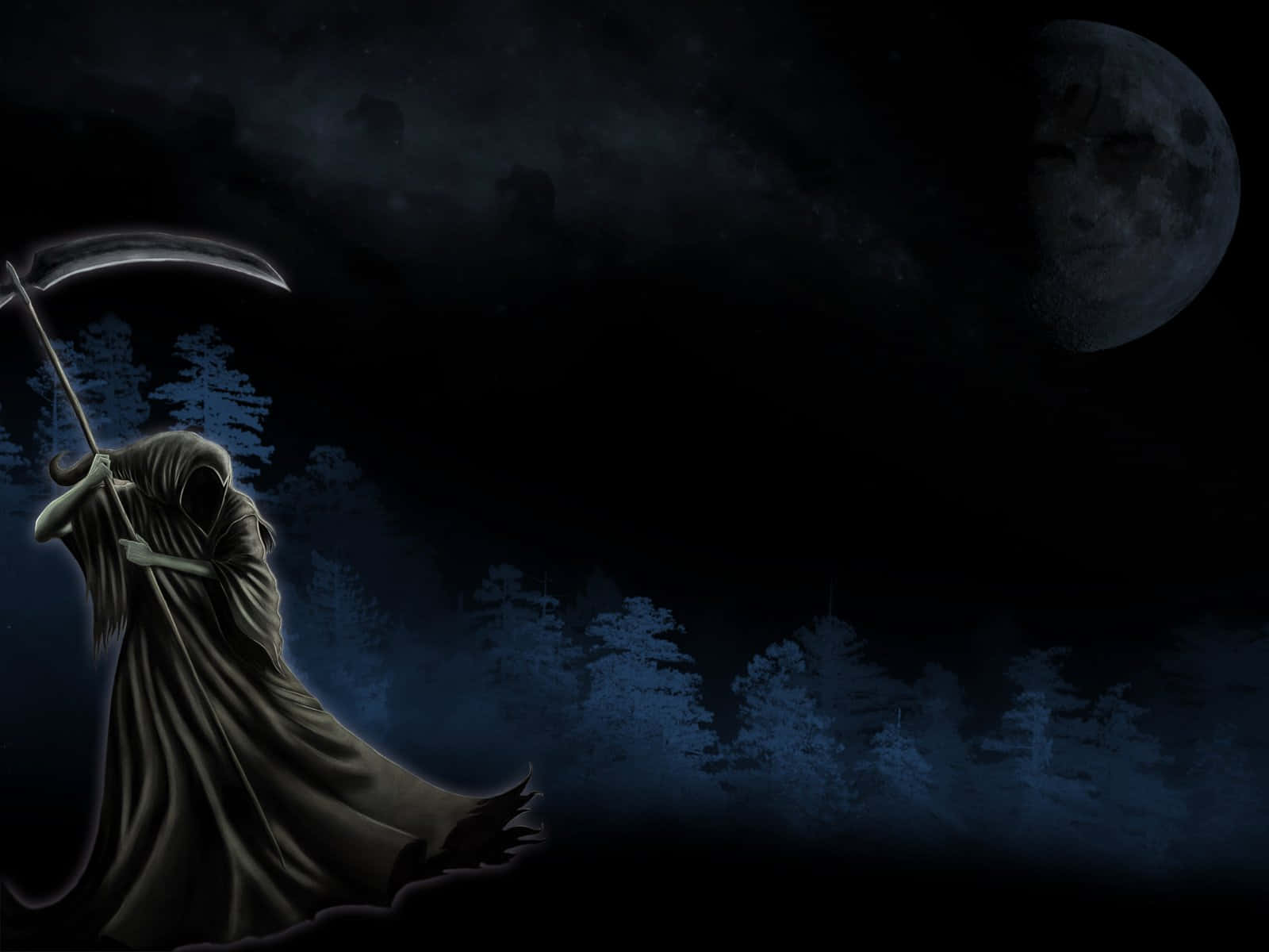 死神在月光森林中手持鐮刀（夜晚）。