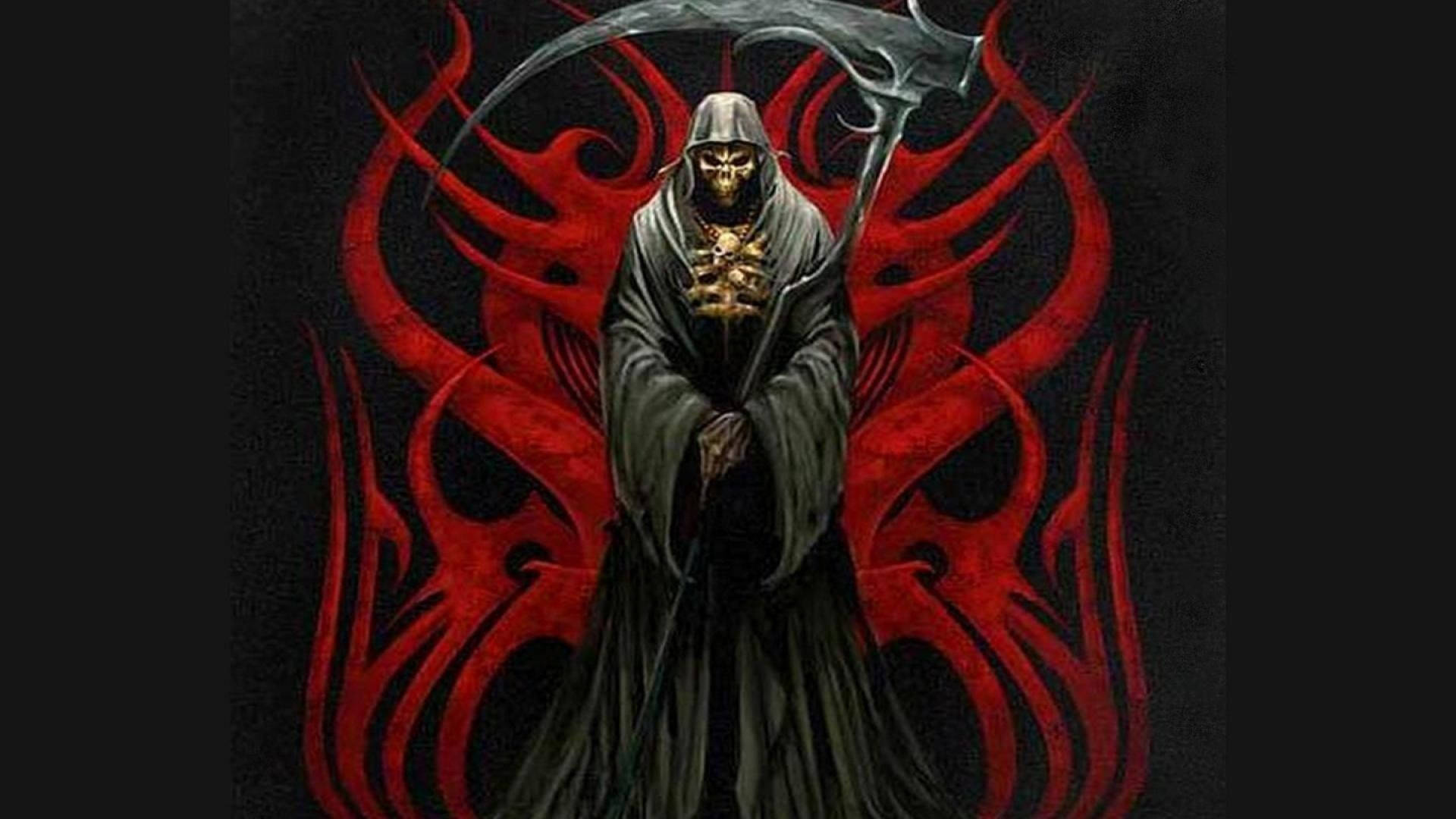 一個黑暗的死神，手持金色頭骨和華麗鐮刀，背景是紅色部落火焰。