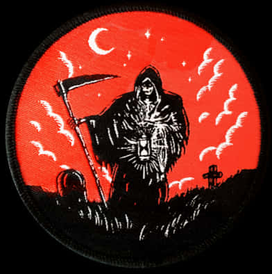 死神手持鐮刀站在墓地，背景是帶有新月的紅色天空。 — 死神 壁紙