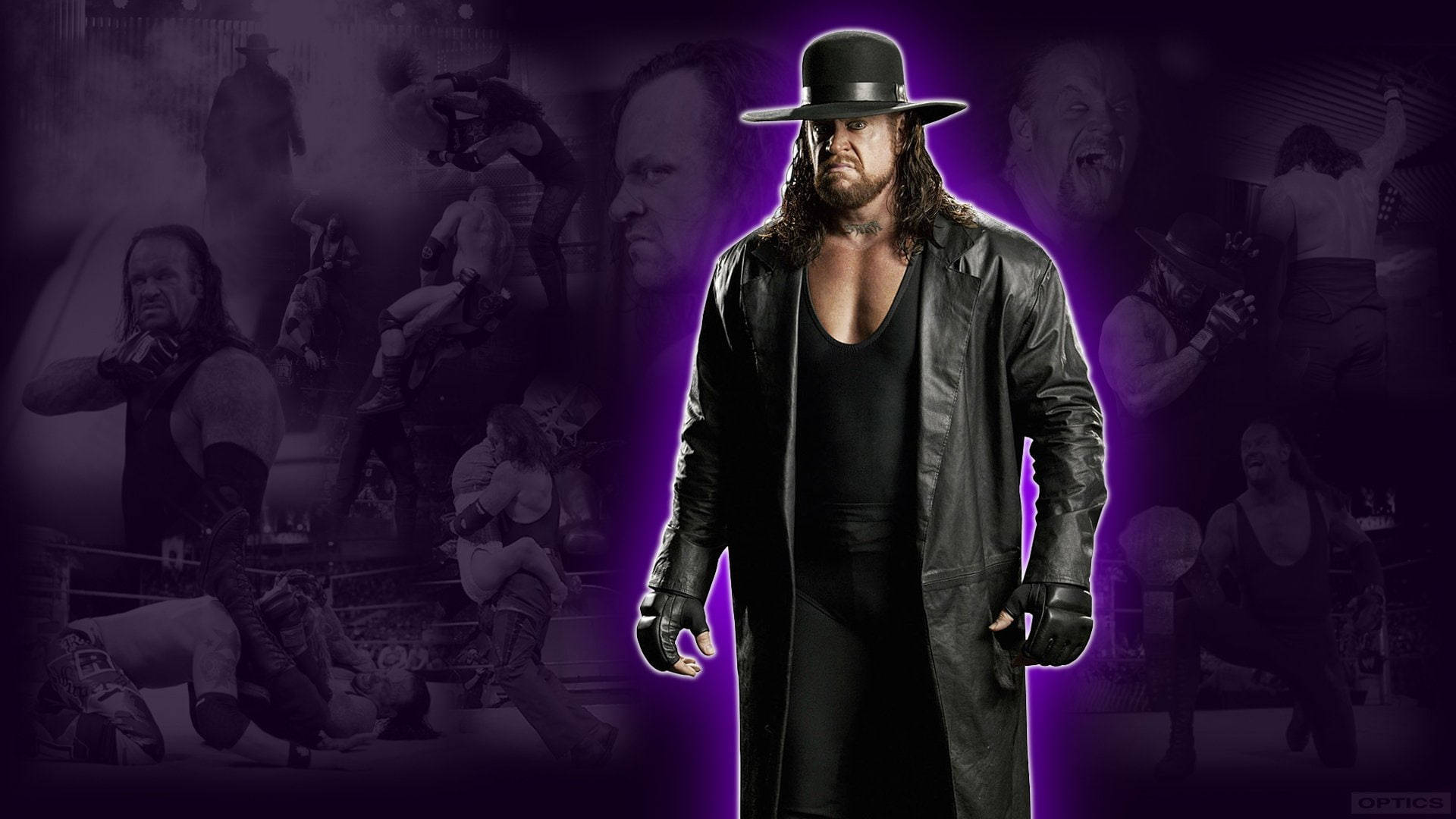 死神職業生涯 壁紙 — The Undertaker 身穿黑色 trench coat 和帽子，站在紫色燈光的摔角場景拼貼前。