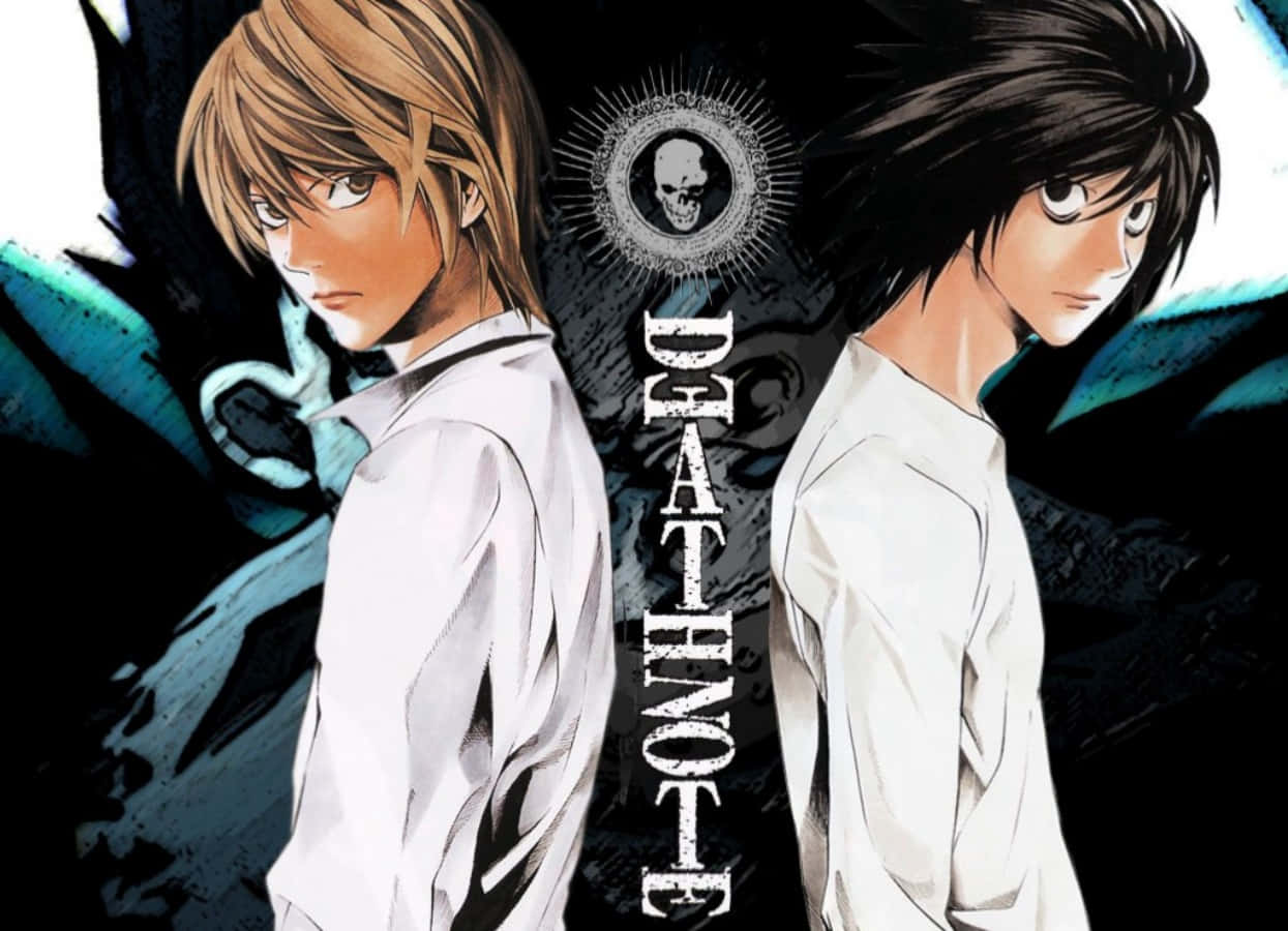 兩個穿著白襯衫的動漫男孩面對面，帶有骷髏標誌和「DEATH NOTE」文字。