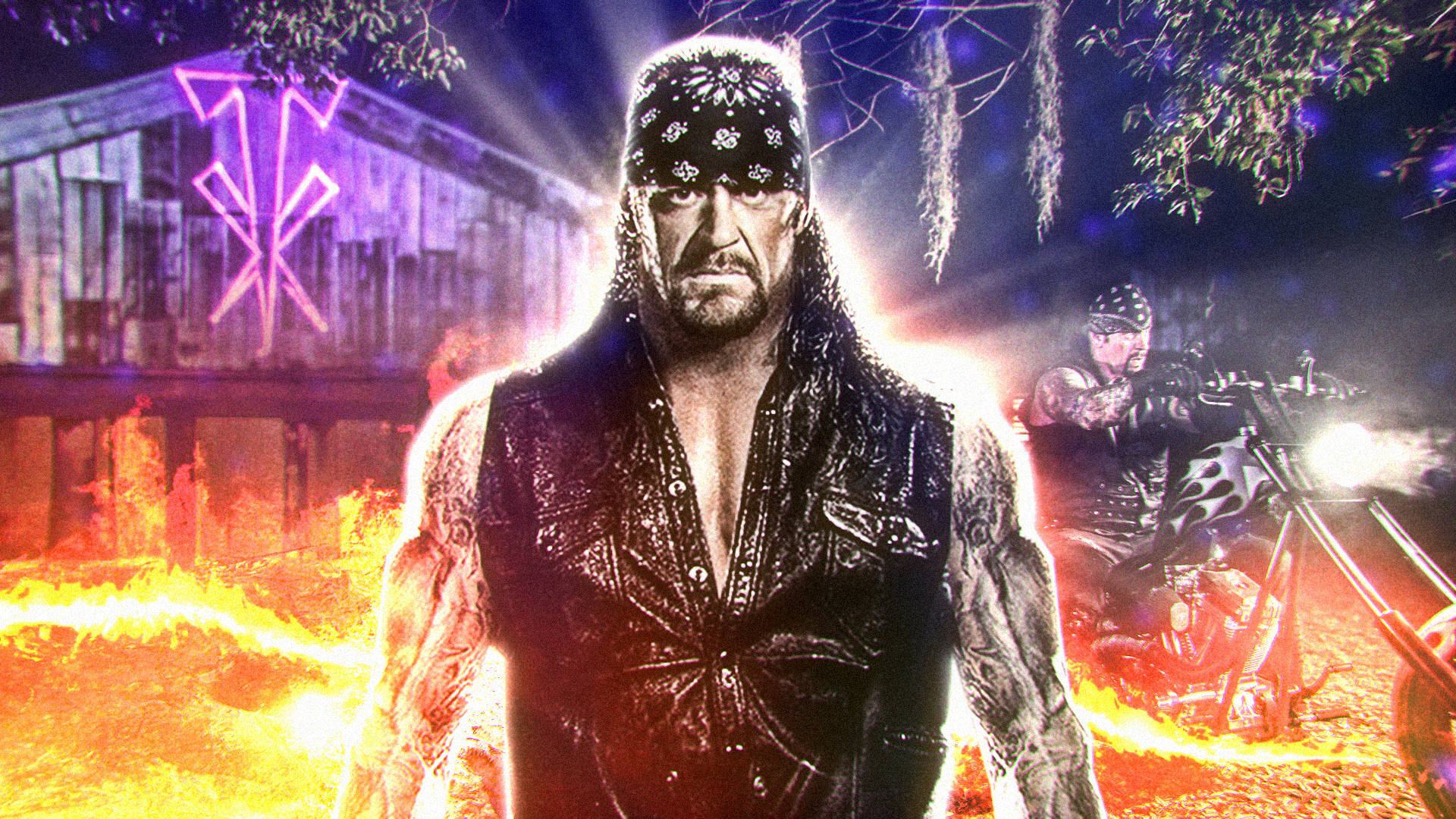死神騎士摩托車 壁紙 — The Undertaker 威嚇性地站在熾熱的地獄之火中，身後有一個發光的紫色符號，背景中有一個騎手騎著一輛火焰摩托車。
