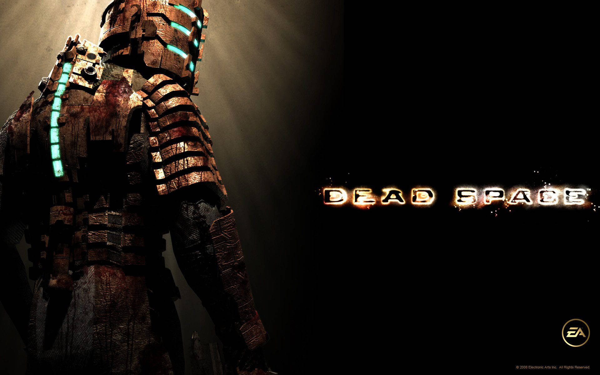 一件損壞的太空衣，帶有發光的藍色條紋，位於 Dead Space 標誌旁邊。
